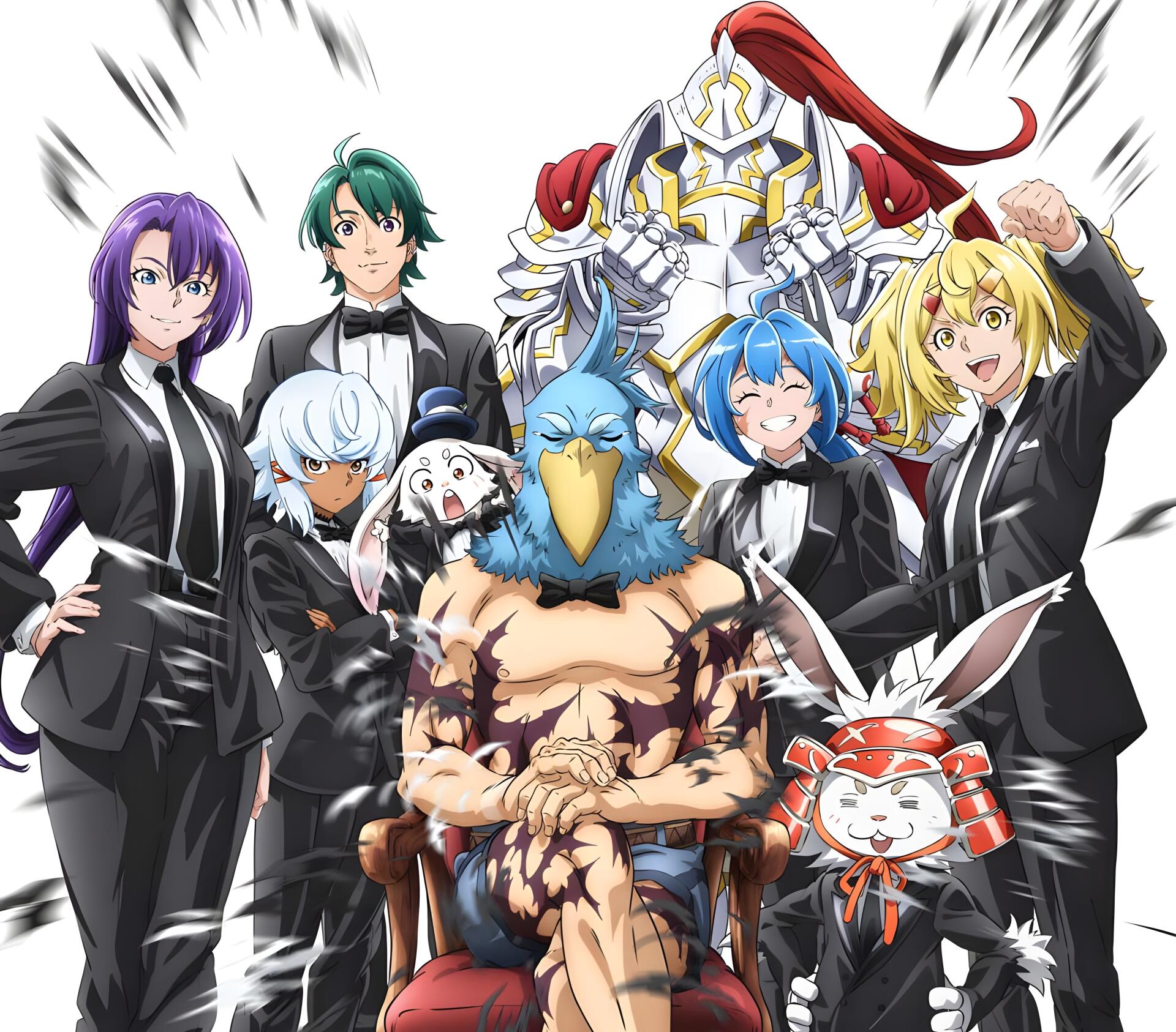 Anime 4K Ultra HD PC desktop wallpaper background — Shangri-la Frontier group portrait: characters in black suits, muscular bird-man, blue-haired heroine and rabbit mascot.