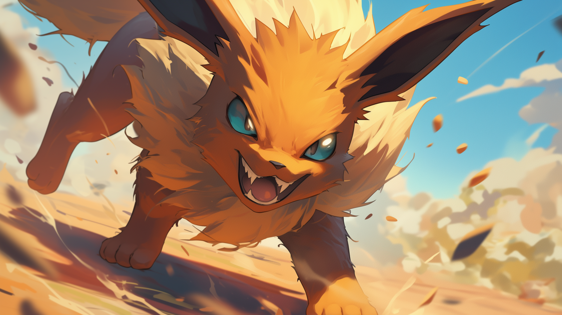 A dynamic HD desktop wallpaper featuring Jolteon from Pokémon, showcasing the electric-type Eeveelution in an energetic pose against a vibrant backdrop.