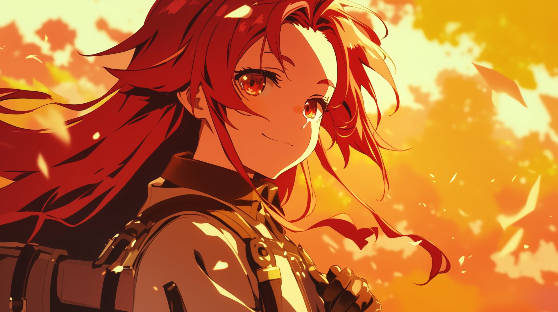 Eris Boreas Greyrat from Mushoku Tensei: Jobless Reincarnation smiles confidently against a vibrant sunset, showcasing her striking red hair and expressive eyes in this HD desktop wallpaper.