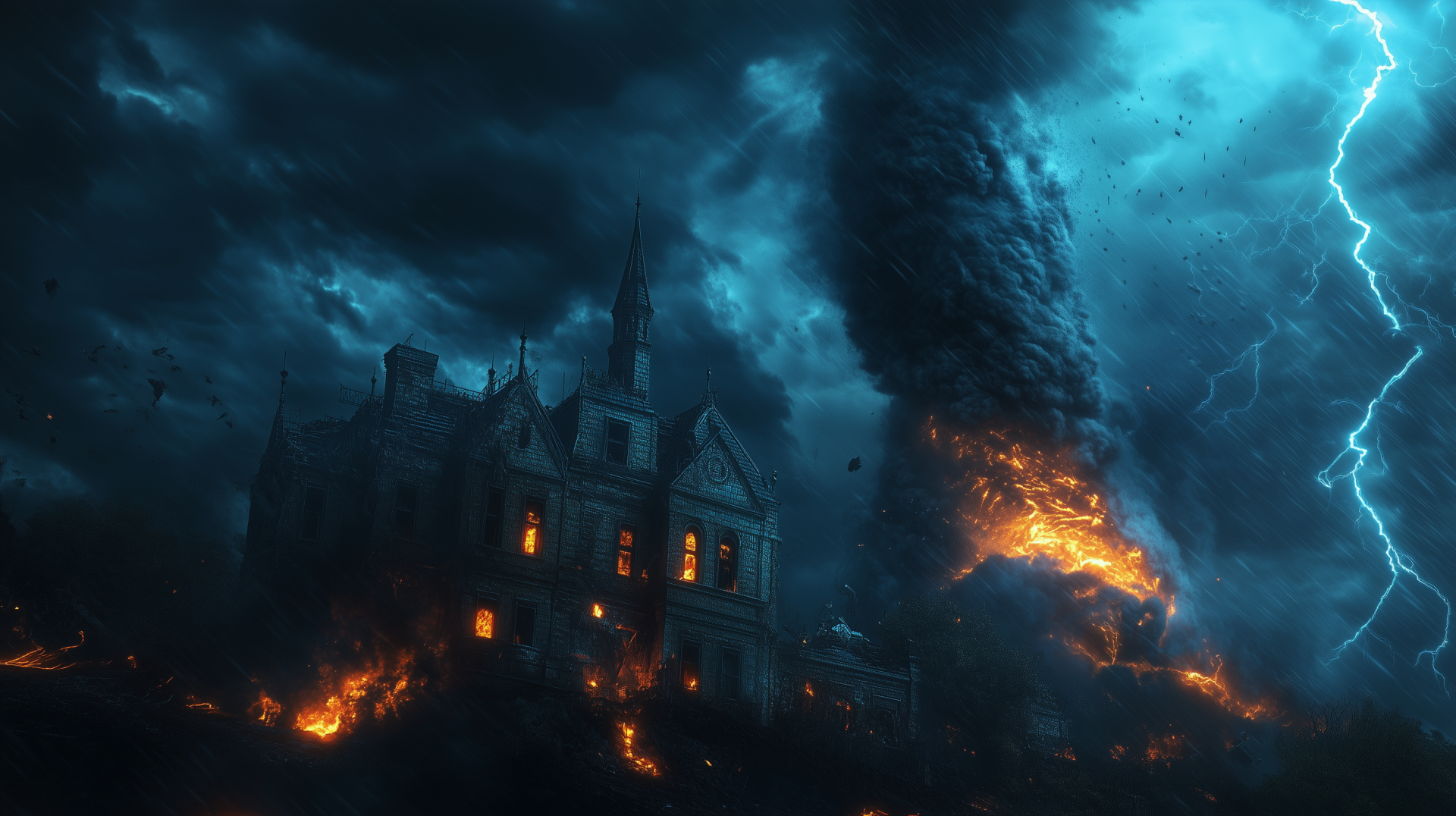 A dramatic HD wallpaper depicting a tornado amidst a thunderstorm, with dark clouds and an ominous building engulfed in flames. The intense scene captures nature's fury.