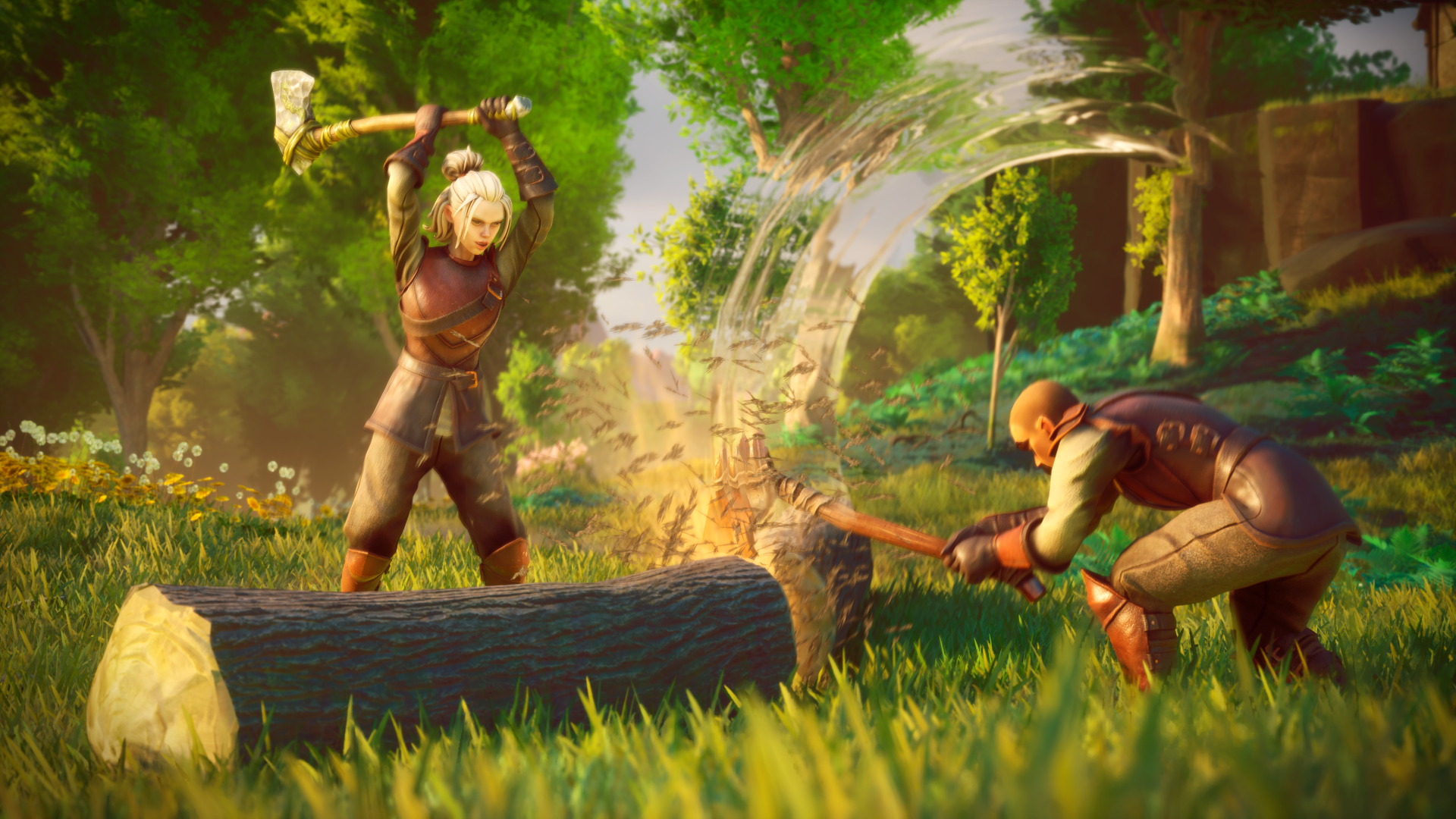 A vibrant 4K Ultra HD wallpaper from RuneScape: Dragonwilds, featuring two characters engaged in resource gathering amidst a lush, green landscape.