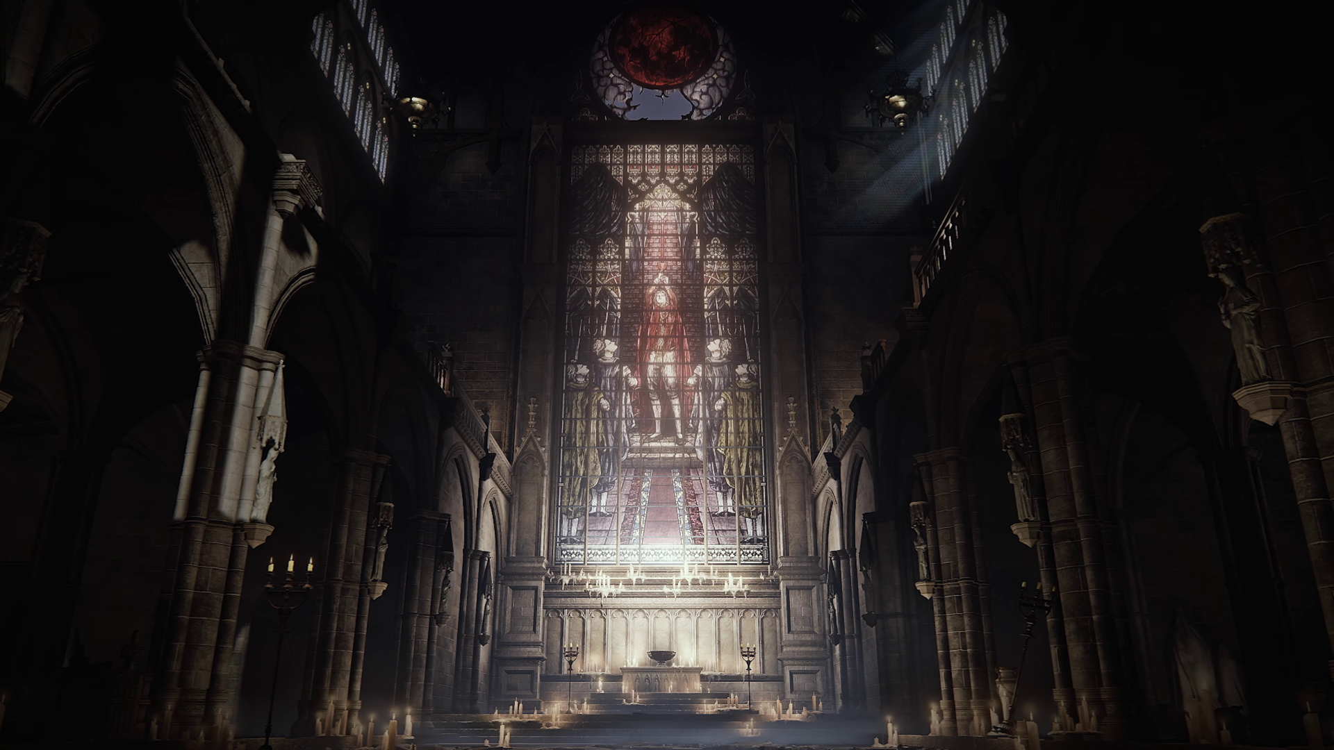 A stunning 4K Ultra HD wallpaper showcasing a dark, atmospheric interior from the video game The Duskbloods, featuring grand architecture and ethereal lighting.