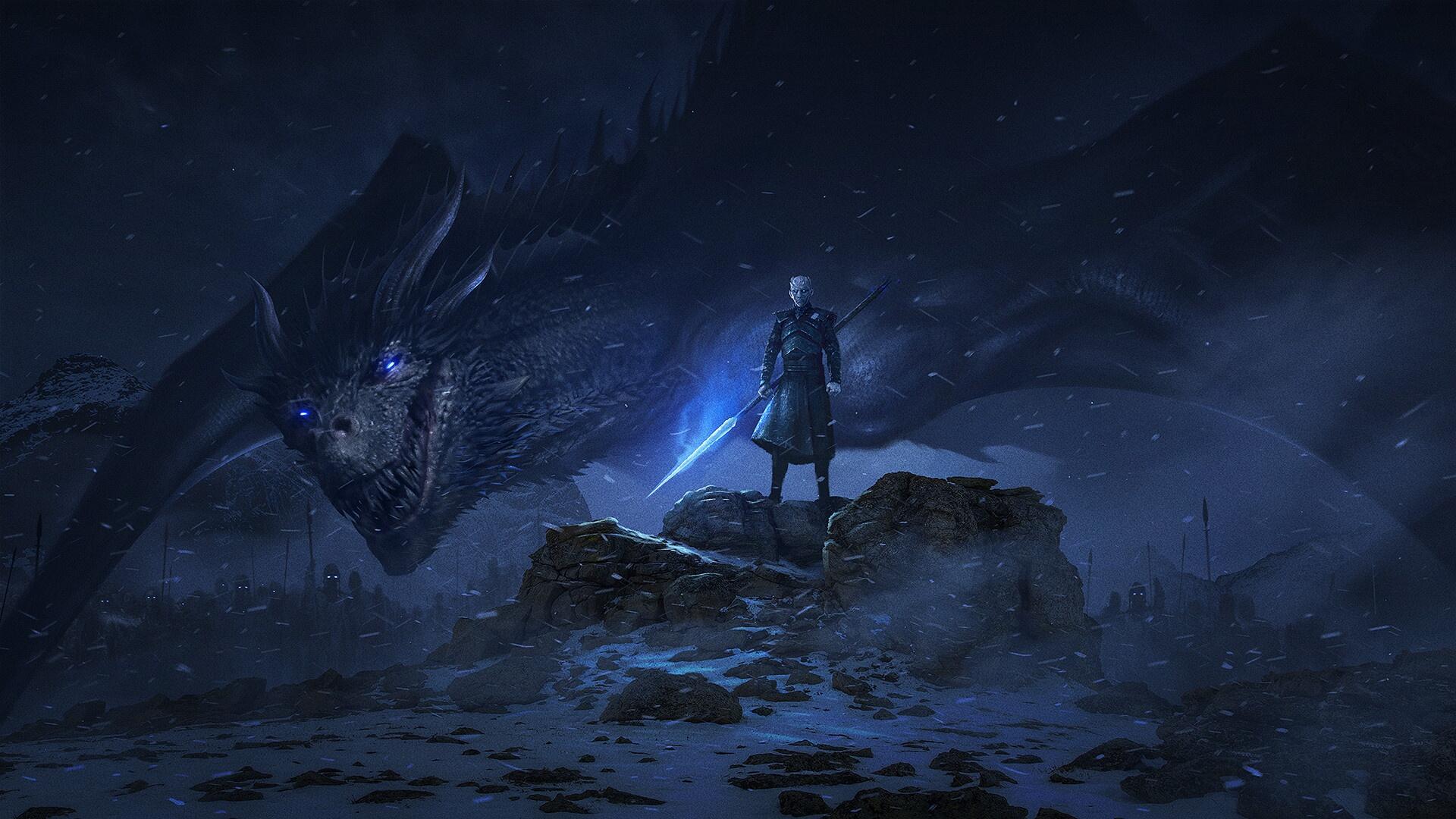 A striking HD wallpaper featuring the Night King from Game of Thrones, standing with a sword against a backdrop of a menacing dragon in a dark, snowy landscape.