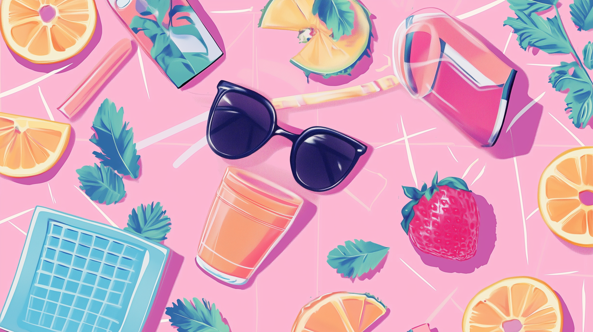 A vibrant HD desktop wallpaper featuring a playful arrangement of fruit, drinks, and shades on a pink background, reflecting a preppy Y2K aesthetic.