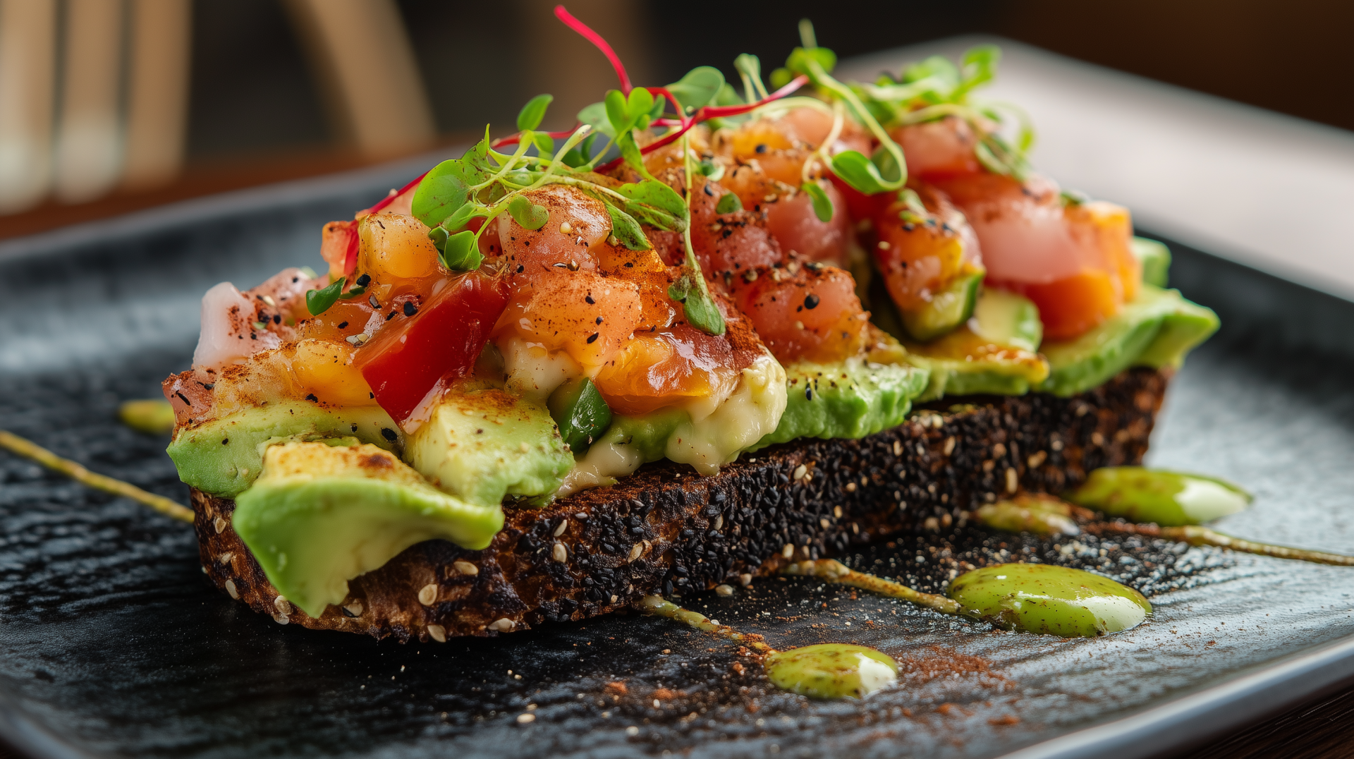 A vibrant avocado toast topped with fresh tomatoes and herbs rests on a dark plate, making it a visually appealing food image for a high-definition desktop wallpaper.