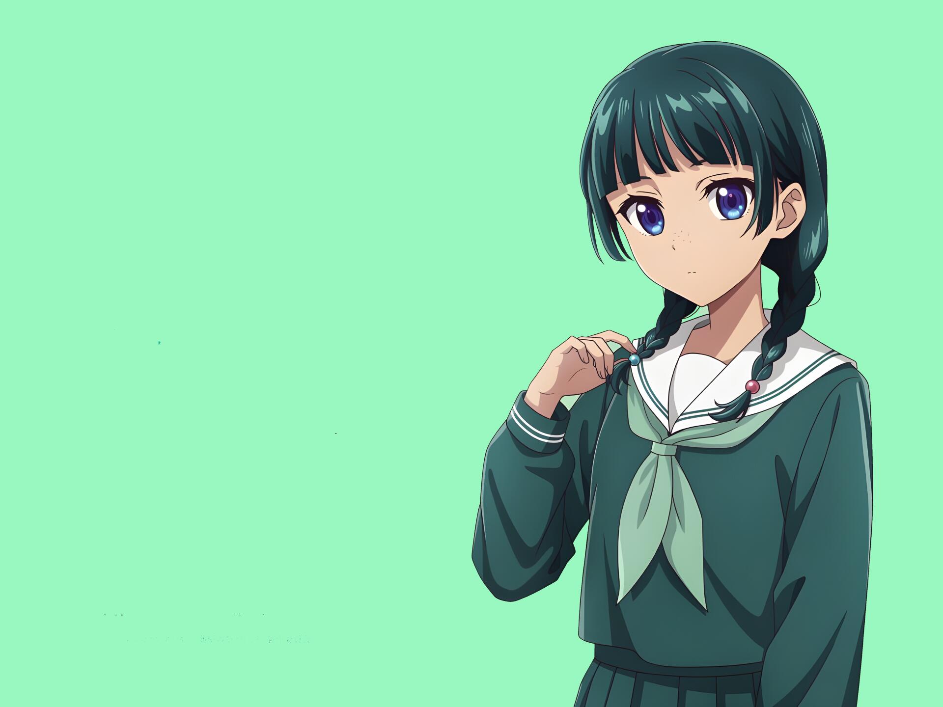Anime-style 4K Ultra HD wallpaper featuring Maomao from The Apothecary Diaries against a solid mint green background.