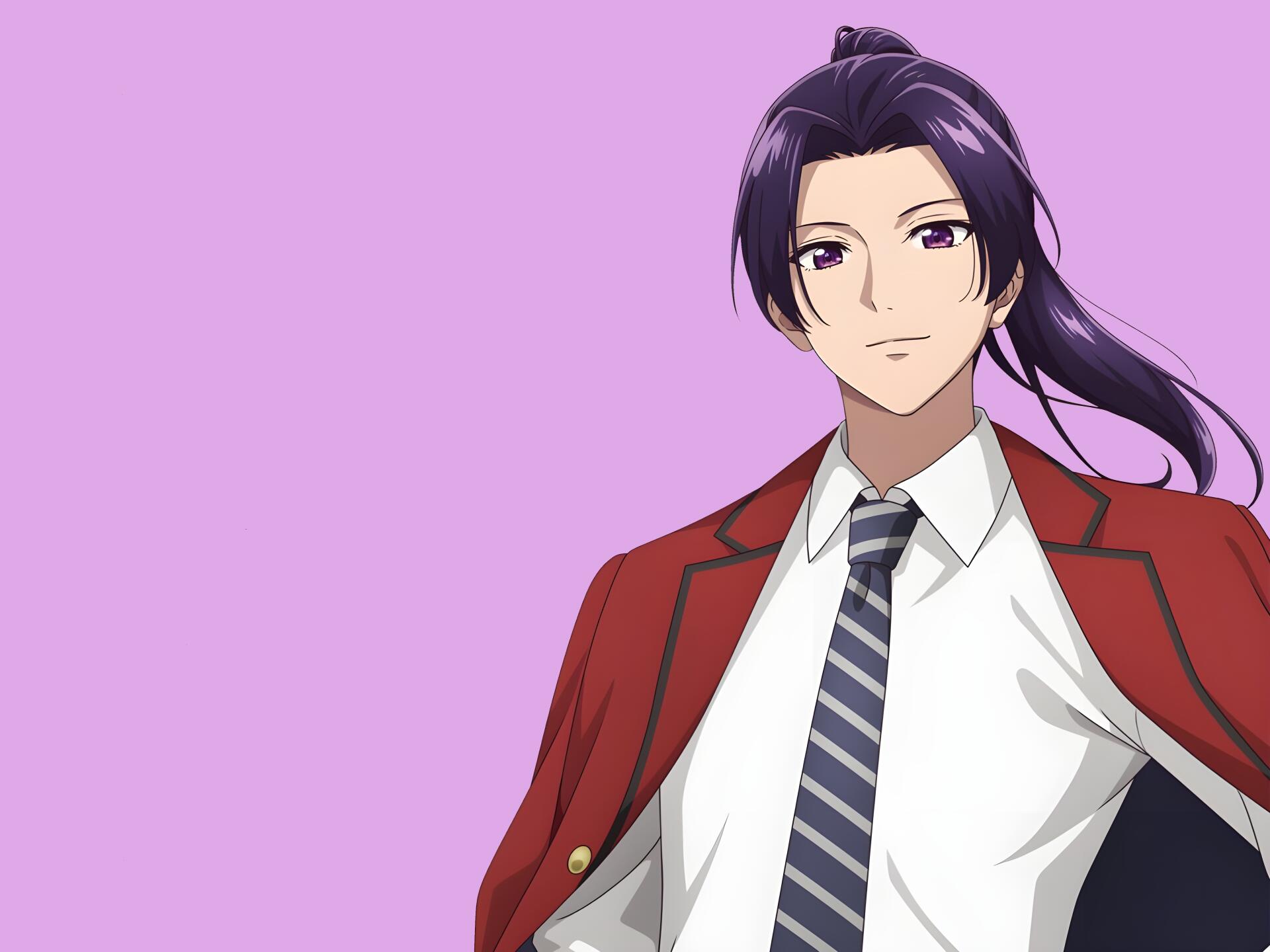 Anime-style 4K Ultra HD wallpaper featuring Jinshi from The Apothecary Diaries, with a confident expression and purple background.