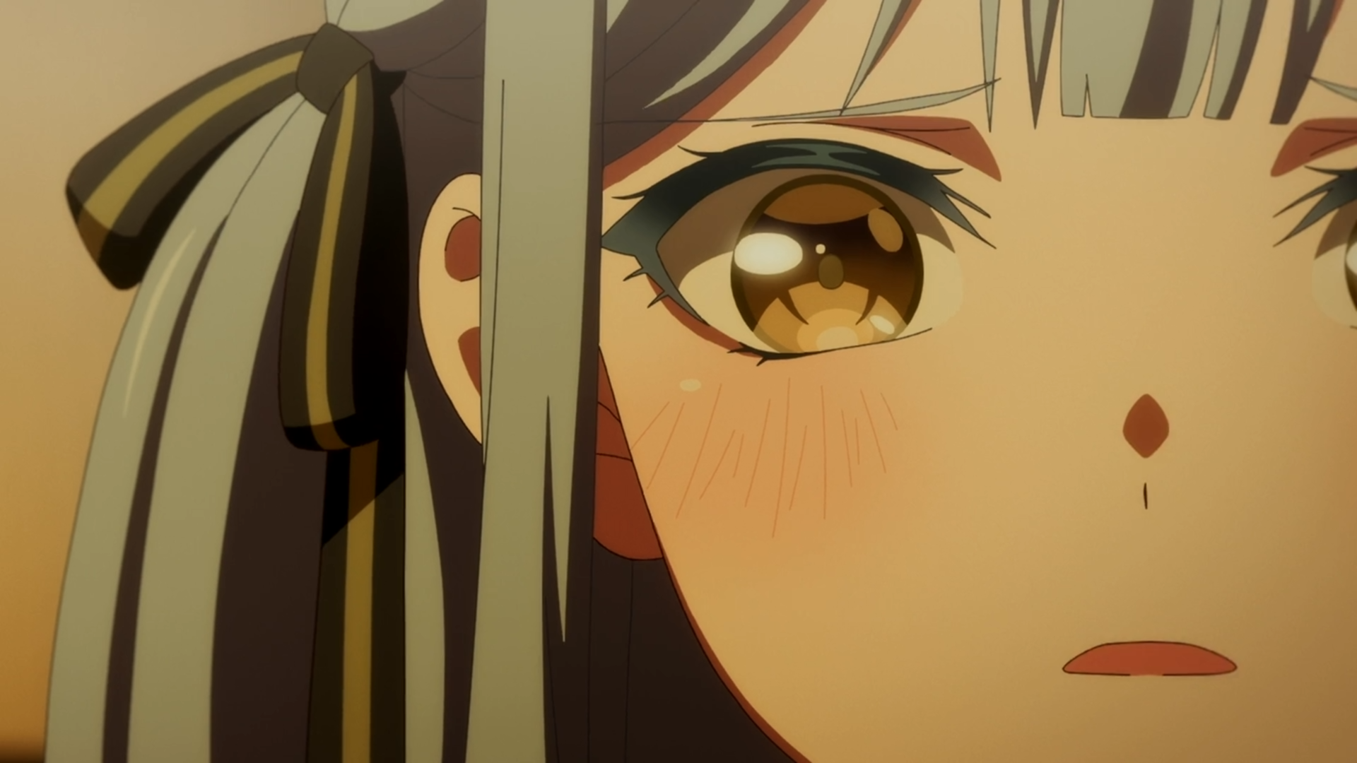 Close-up of a character from BanG Dream! Ave Mujica, showcasing expressive brown eyes and soft features, captured in a detailed 4K Ultra HD anime style.