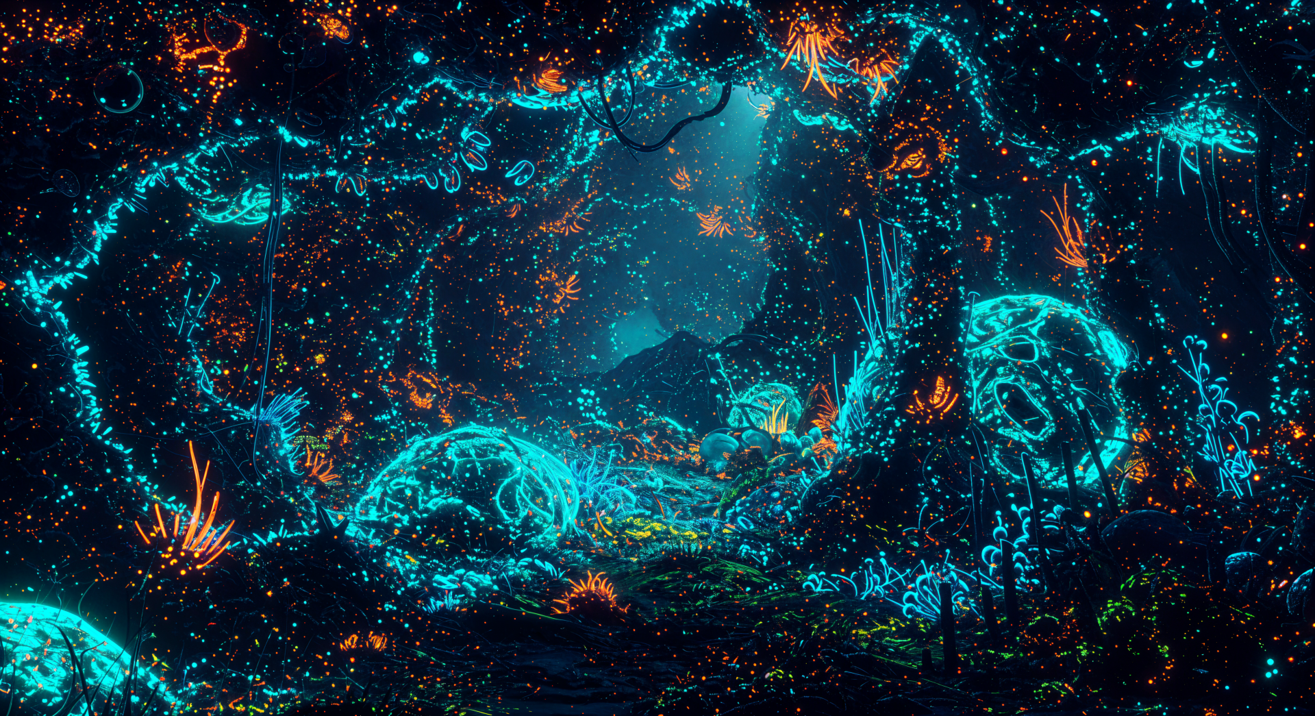 A vibrant, fluorescent underwater scene, showcasing glowing coral and marine life, captured in stunning 4K Ultra HD, serves as an immersive desktop wallpaper and background.