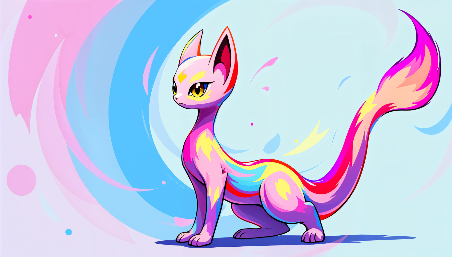Colorful digital artwork of a stylized cat with a vibrant rainbow tail, set against a soft blue and pink background. A striking 4K Ultra HD desktop wallpaper.