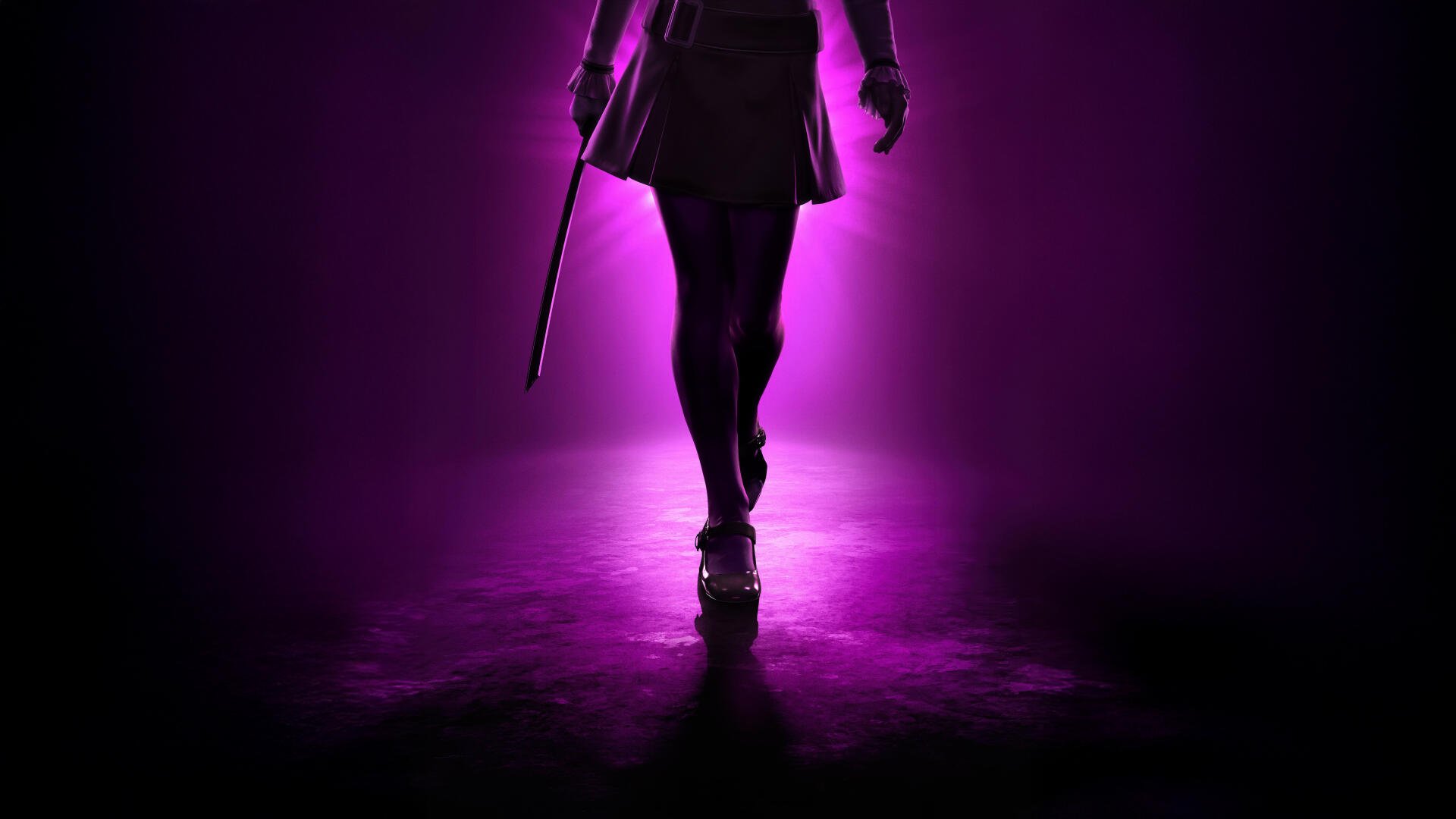 M3GAN 2.0 purple backlit silhouette walking toward viewer, legs and skirt visible, holding a slim baton; glossy floor reflection — 8K Ultra HD PC desktop wallpaper and background.