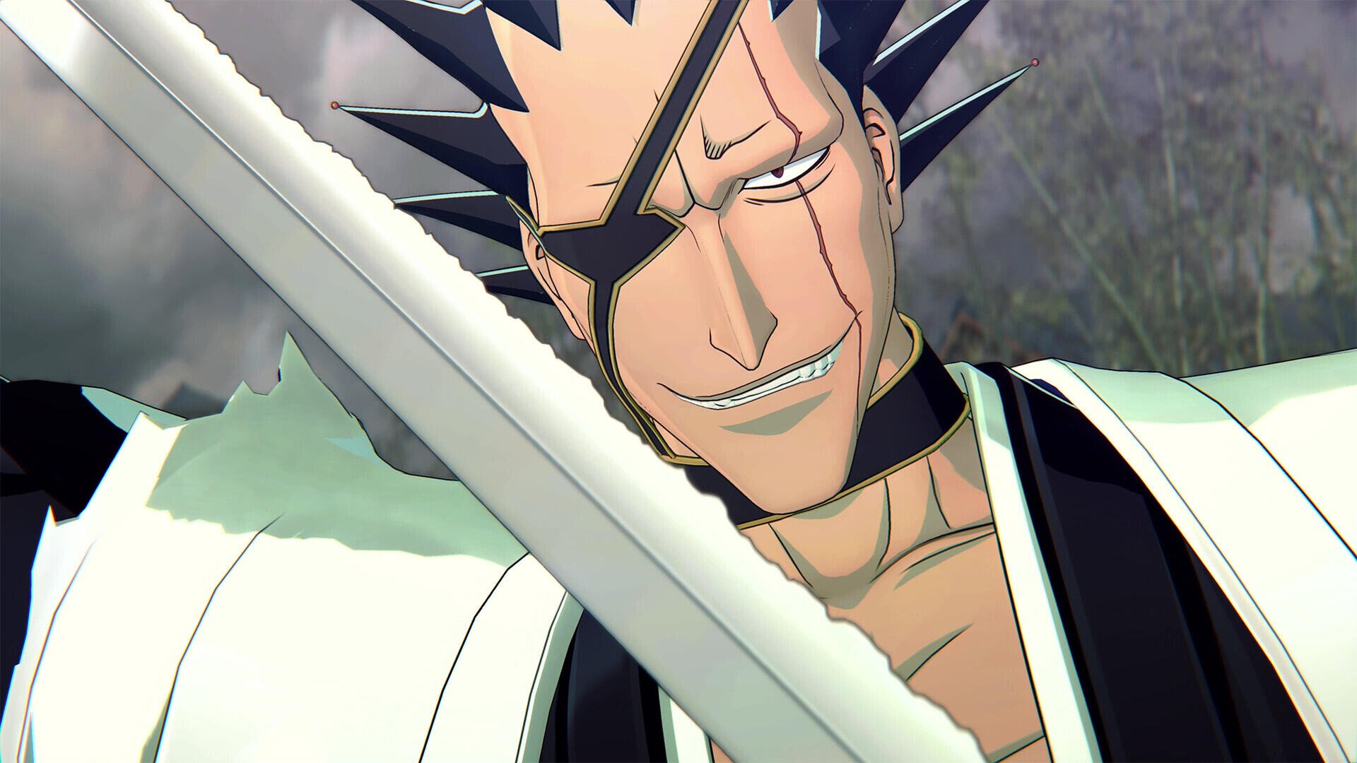 HD wallpaper featuring Kenpachi Zaraki from the video game Bleach: Rebirth of Souls, showcasing his fierce expression and distinctive sword in a dynamic pose. 