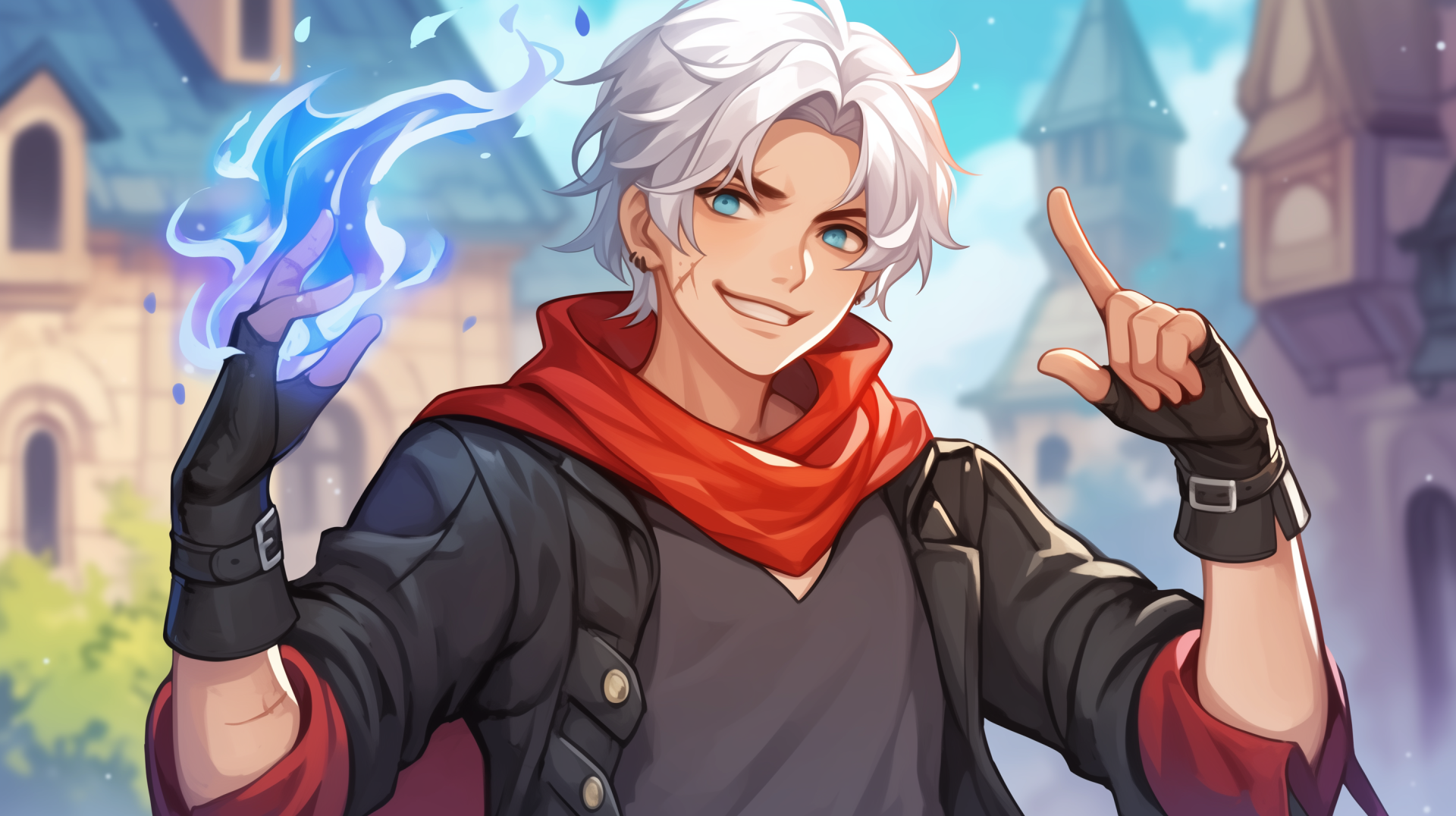 A vibrant HD desktop wallpaper featuring Dante from Devil May Cry, depicted in a cartoon style with white hair, a red scarf, and a playful expression, surrounded by a fantastical backdrop.