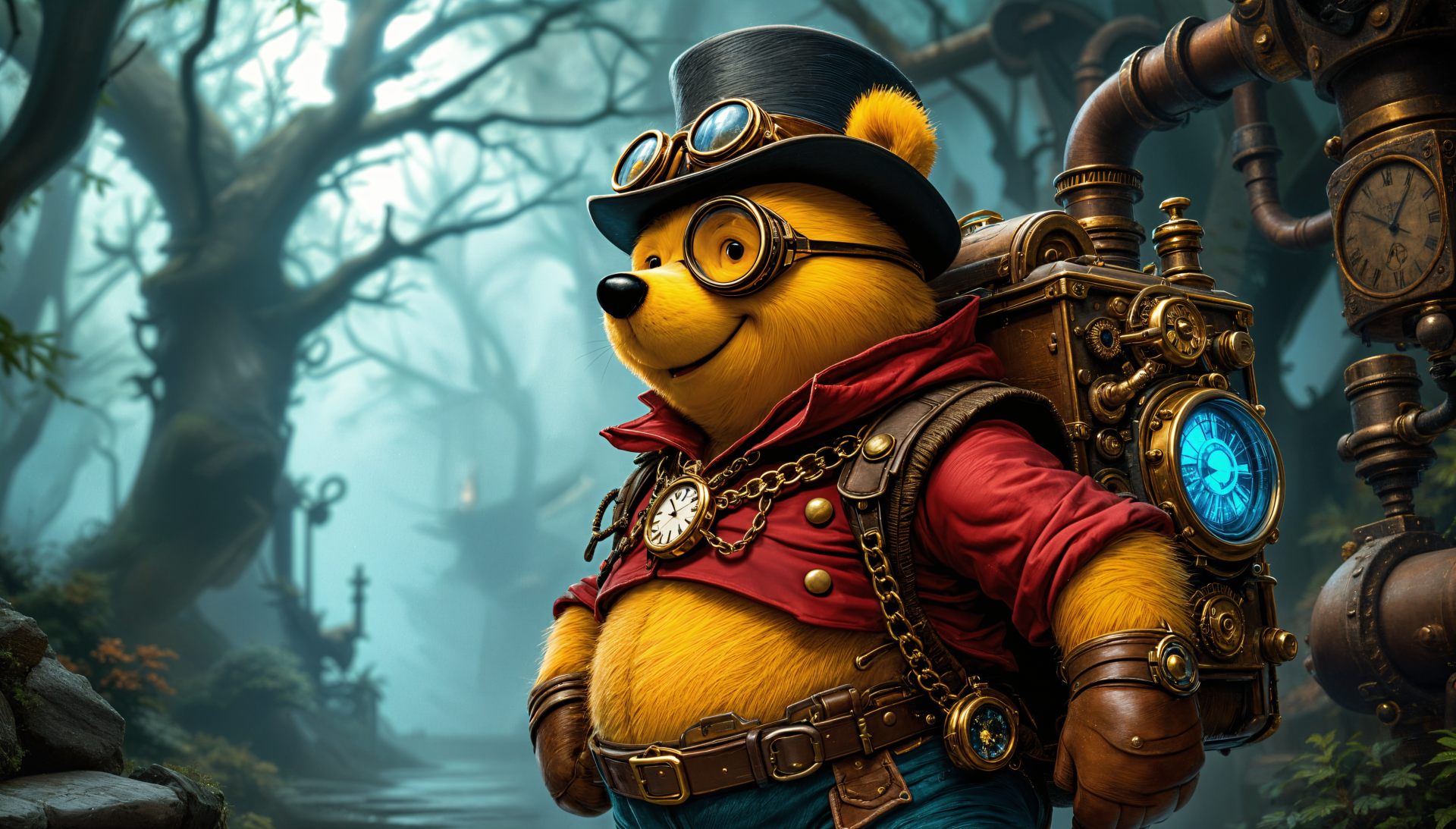 Winnie the Pooh in a steampunk outfit stands confidently in a misty forest, showcasing vibrant colors in this 4K Ultra HD desktop wallpaper and background.