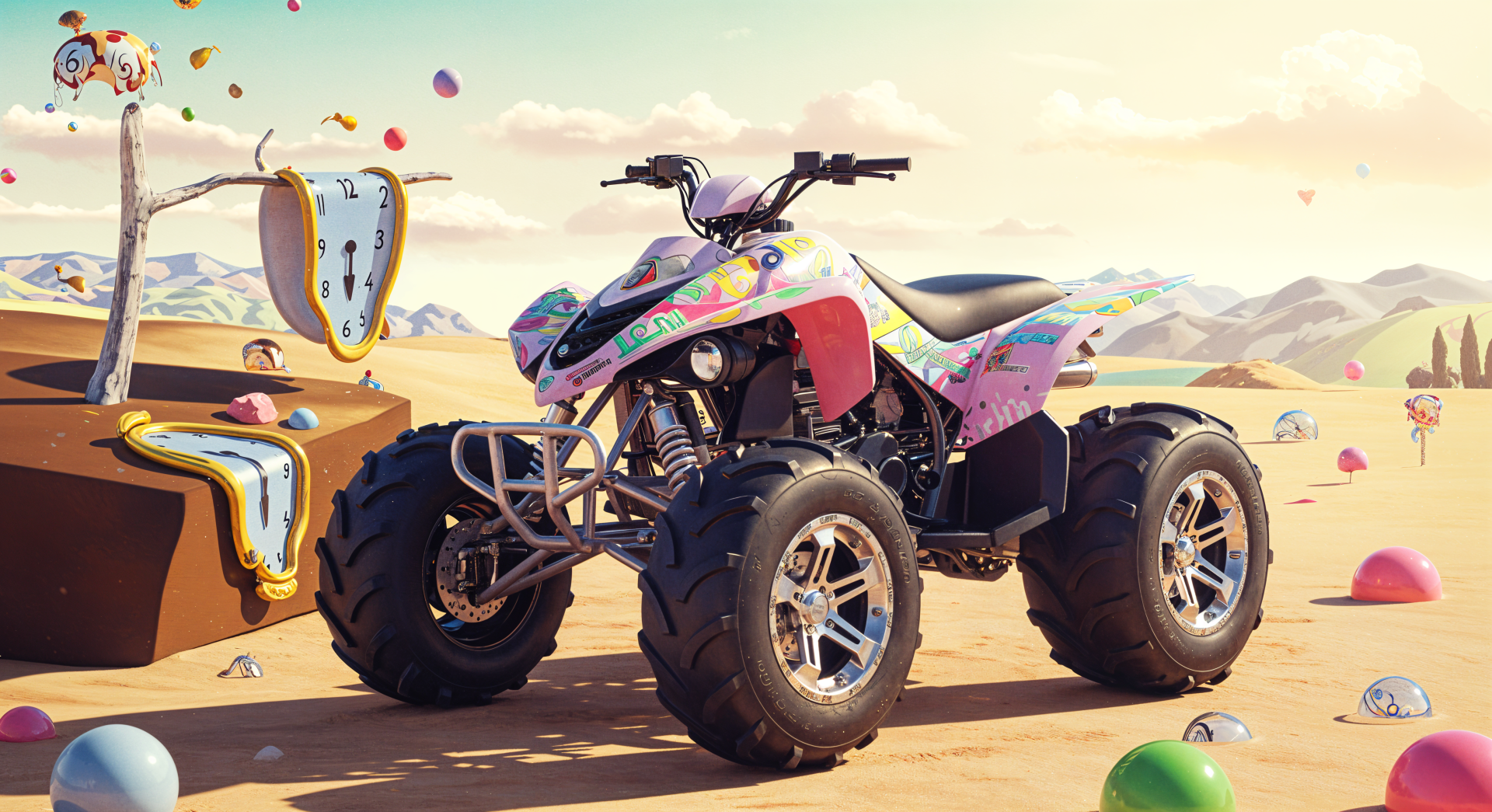 A vibrant 4K Ultra HD desktop wallpaper featuring a colorful quad bike set against a whimsical desert landscape with surreal elements and playful details.