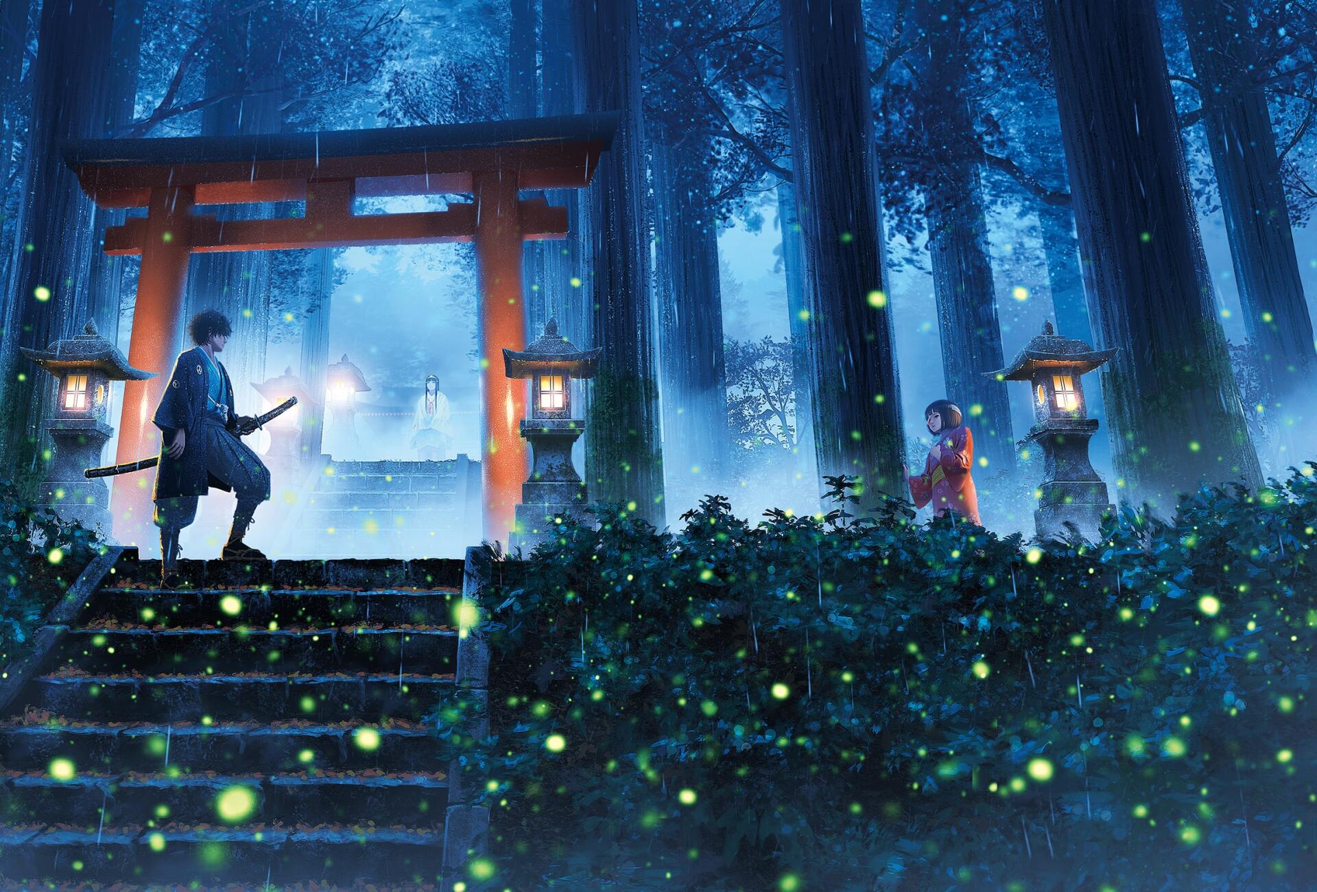 Anime HD PC desktop wallpaper from Kijin Gentōshō depicting two characters facing each other by a glowing torii gate in a mystical forest with floating fireflies.
