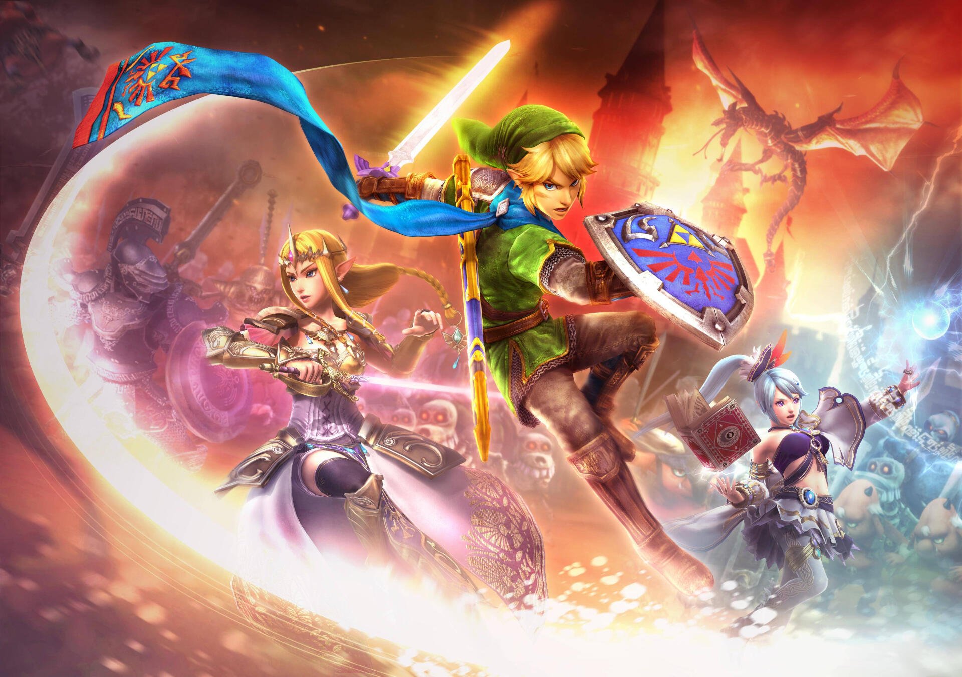 The Legend of Zelda 4K Ultra HD PC desktop wallpaper: Link with sword and shield leaps forward, Princess Zelda and allies flank him amid swirling light and looming foes.