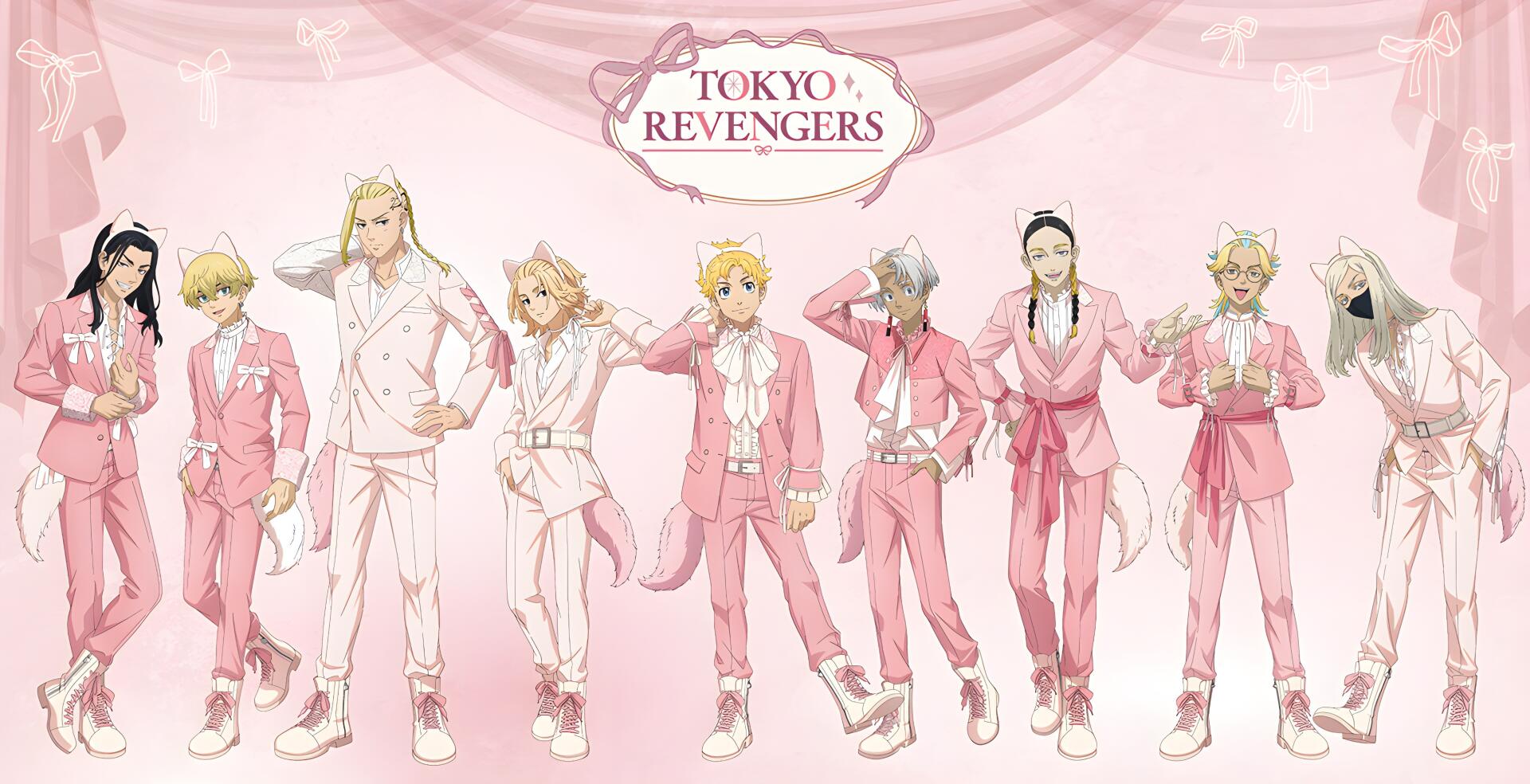Anime-style Tokyo Revengers characters stand in a line wearing pink suits against a soft pink background, designed as a 4K Ultra HD PC desktop wallpaper.