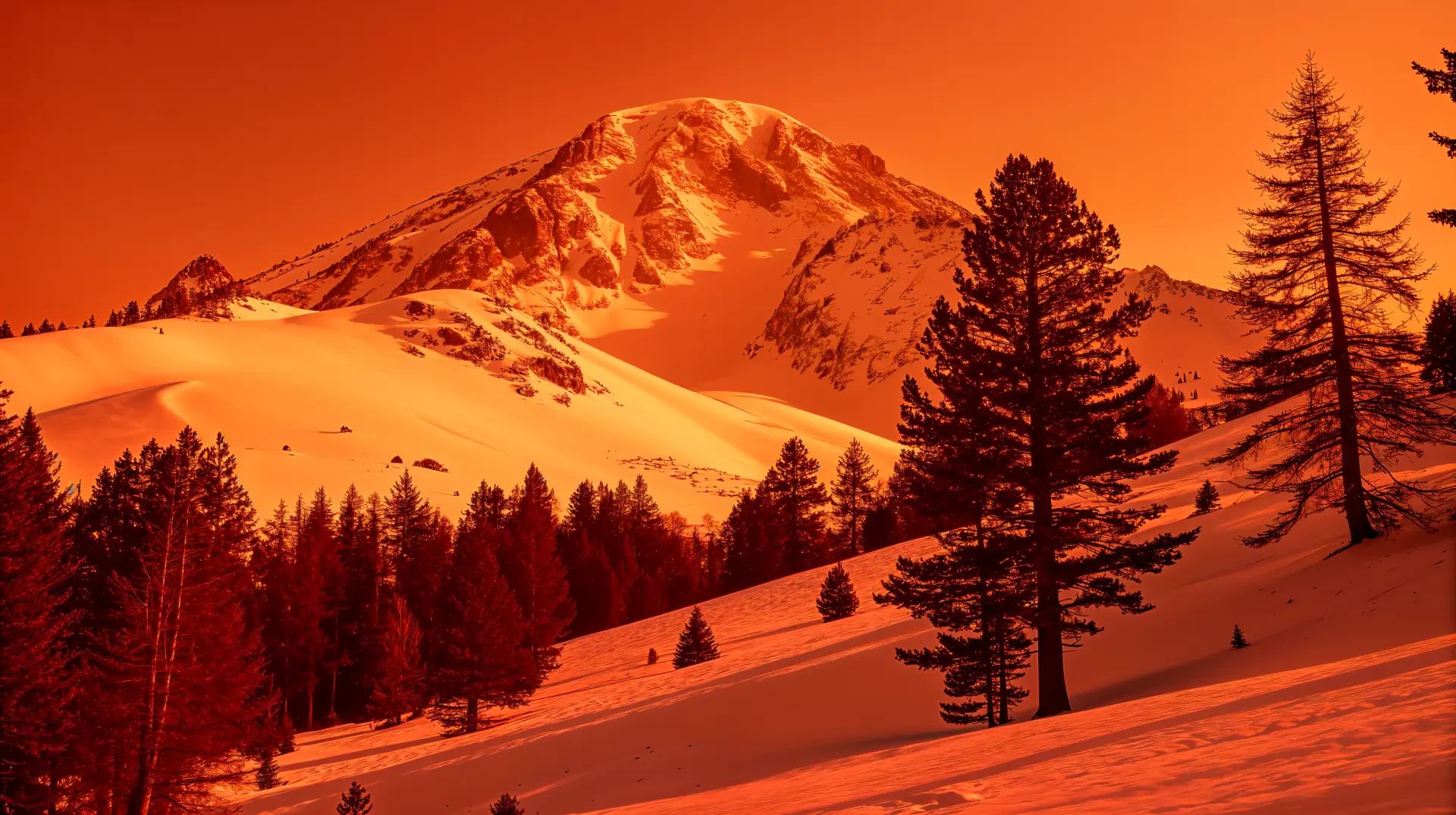 A 4K Ultra HD desktop wallpaper showing a snow-covered mountain with trees in the foreground, bathed in a dramatic orange sunset glow.