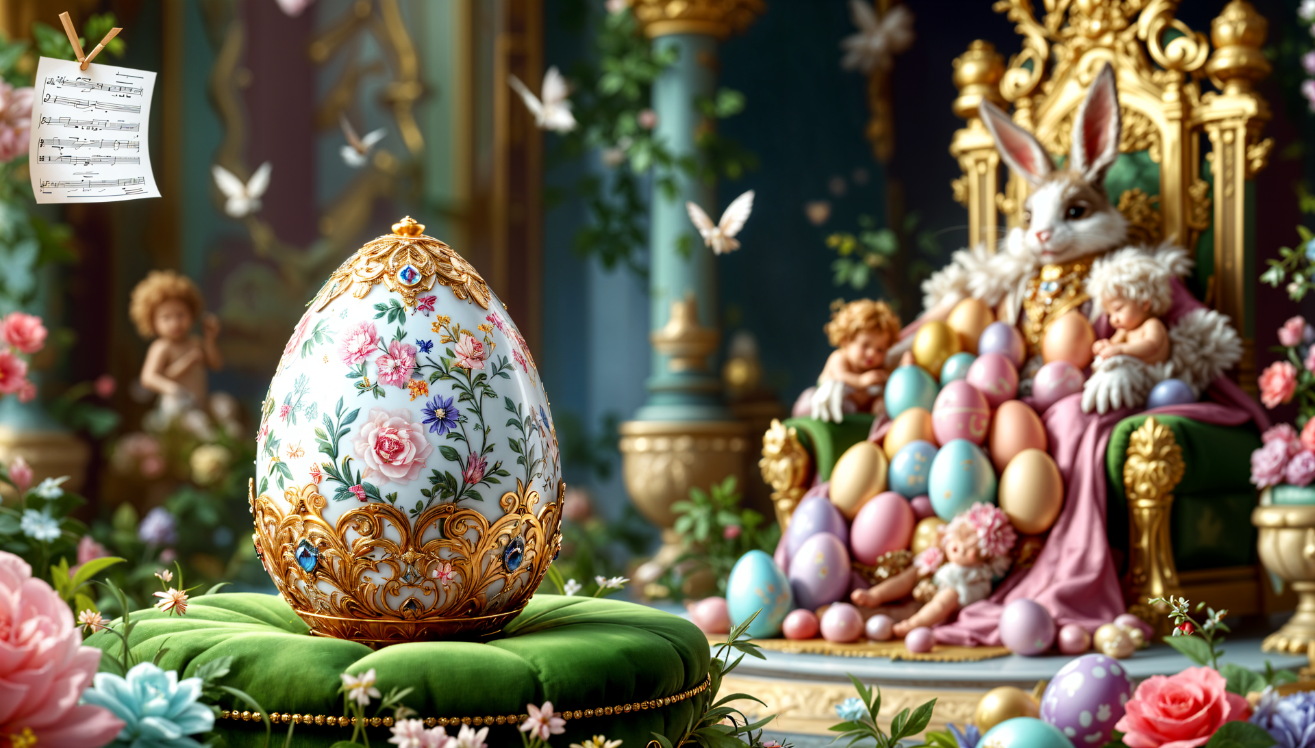 4K Ultra HD Easter-themed desktop wallpaper featuring an ornate floral egg, pastel eggs, a bunny, delicate flowers, and cherubic figures in a richly decorated setting.