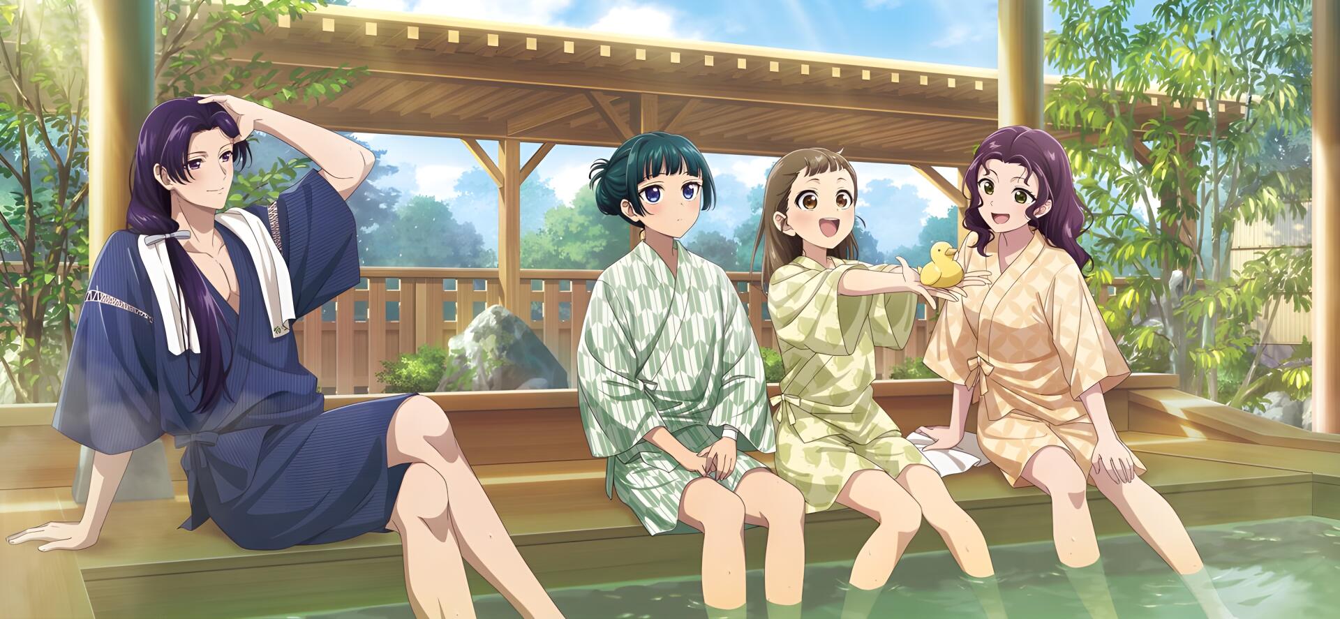 Anime-style 4K Ultra HD wallpaper featuring four characters from The Apothecary Diaries relaxing together in a serene outdoor setting.
