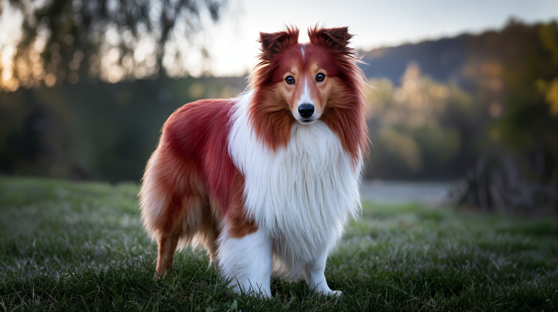 A Shetland Sheepdog with a rich reddish-brown and white coat stands alert on grass, captured in a 4K Ultra HD desktop wallpaper background.