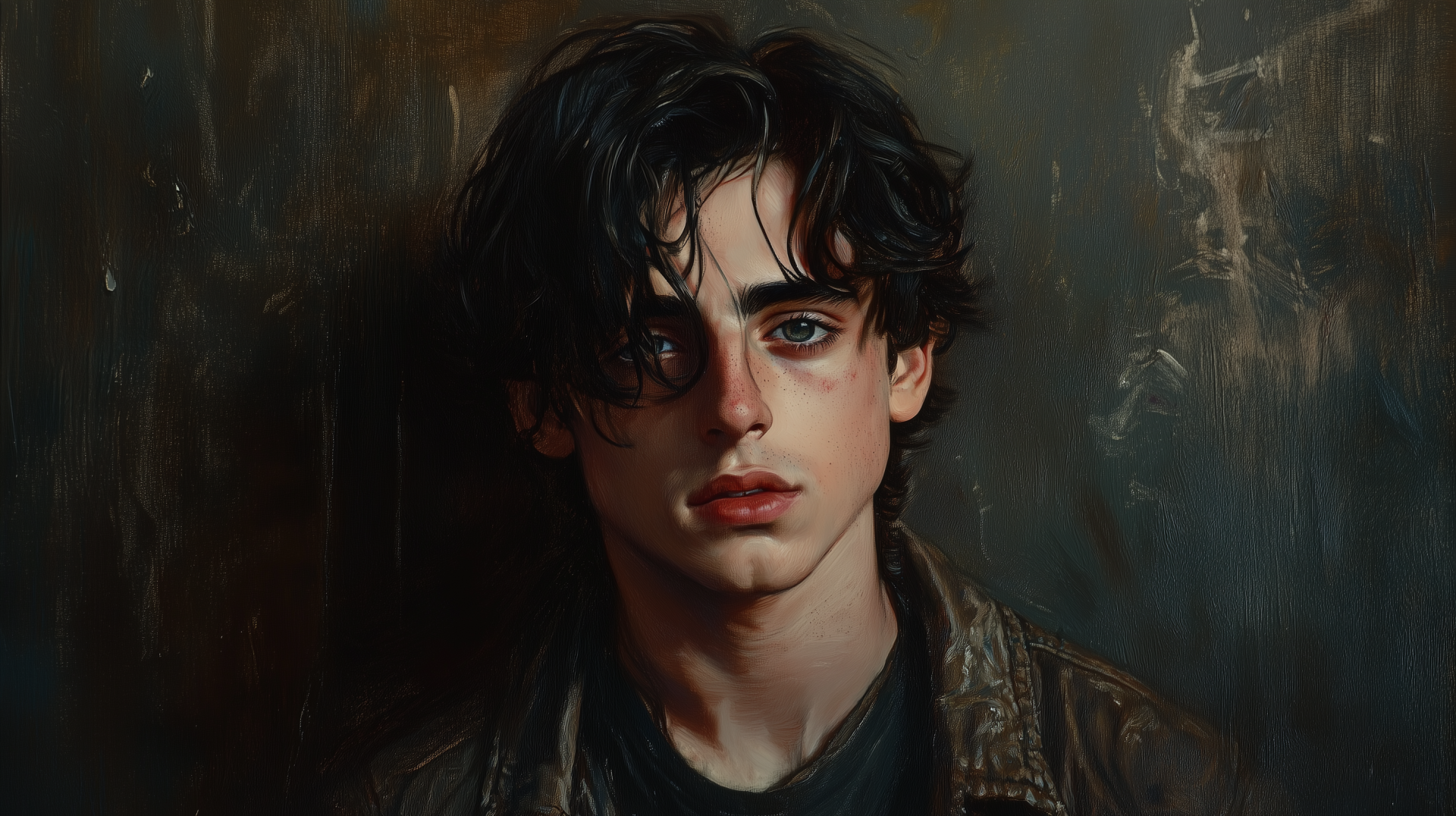 A striking HD wallpaper featuring Timothée Chalamet, captured with a moody background that highlights his expressive features and distinctive hairstyle.