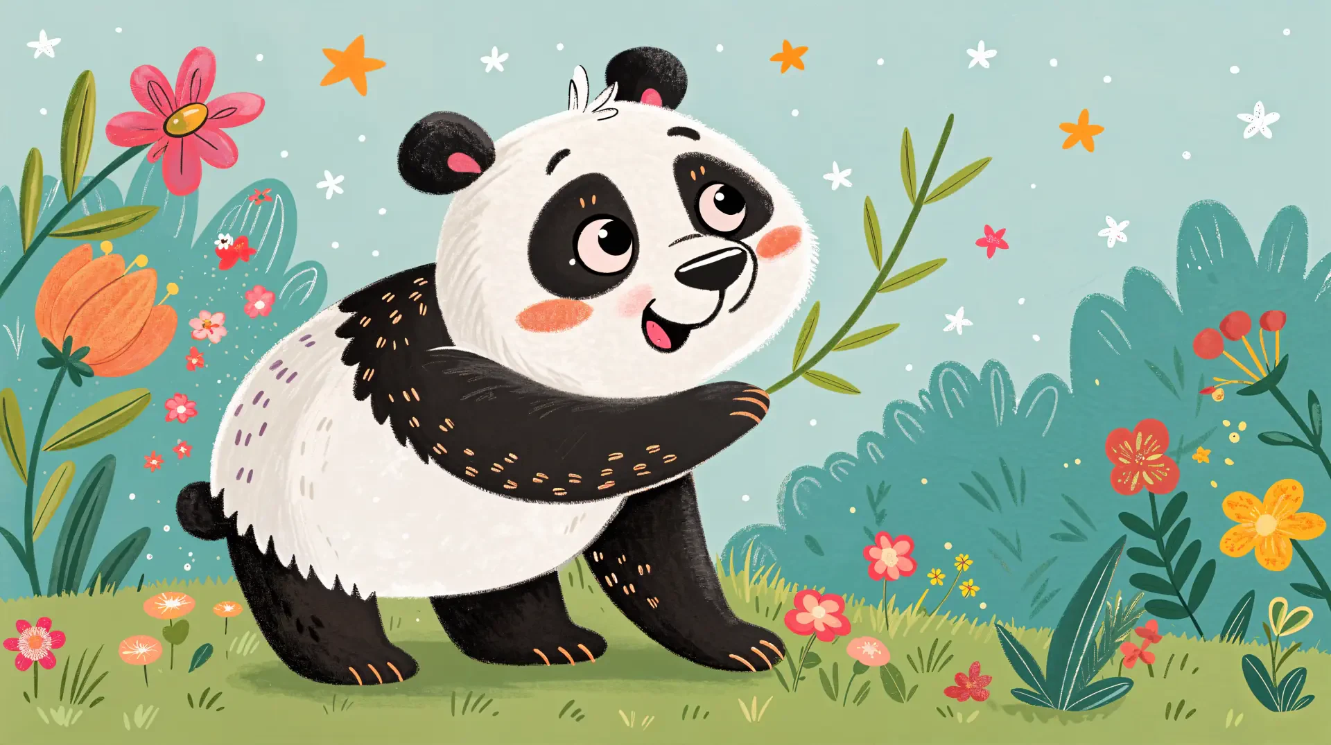 Cartoon panda holding a flower stem, surrounded by colorful flowers and greenery, illustrated as a vibrant 4K Ultra HD PC desktop wallpaper.
