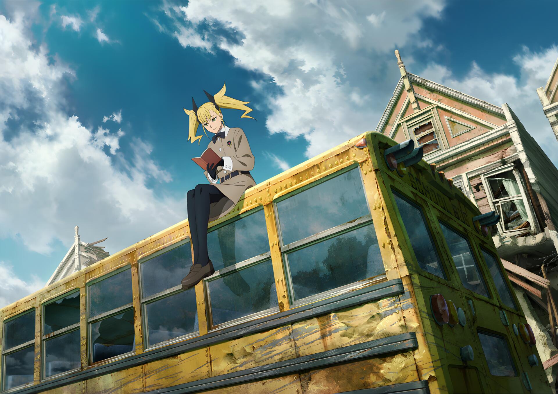 Anime 4K Ultra HD PC desktop wallpaper and background of Kaiju No. 8's Kikoru Shinomiya perched on a weathered yellow bus under a bright blue sky with city rooftops.