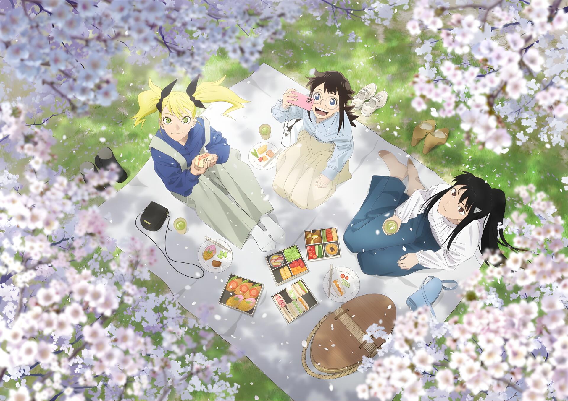Anime Kaiju No. 8 4K Ultra HD PC desktop wallpaper/background: Kikoru Shinomiya, Mina Ashiro and Konomi Okonogi picnic on a blanket under cherry blossoms, smiling and sharing bento.