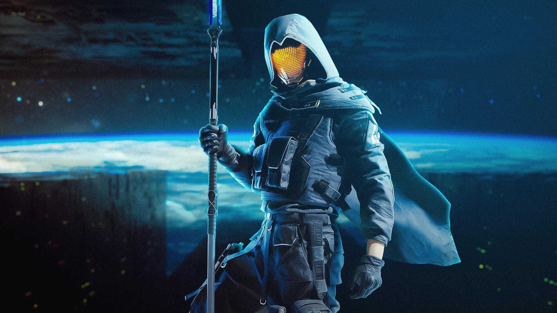 A mysterious character stands confidently, clad in dark attire with a glowing yellow visor and a staff, set against a cosmic background from the video game The Finals.