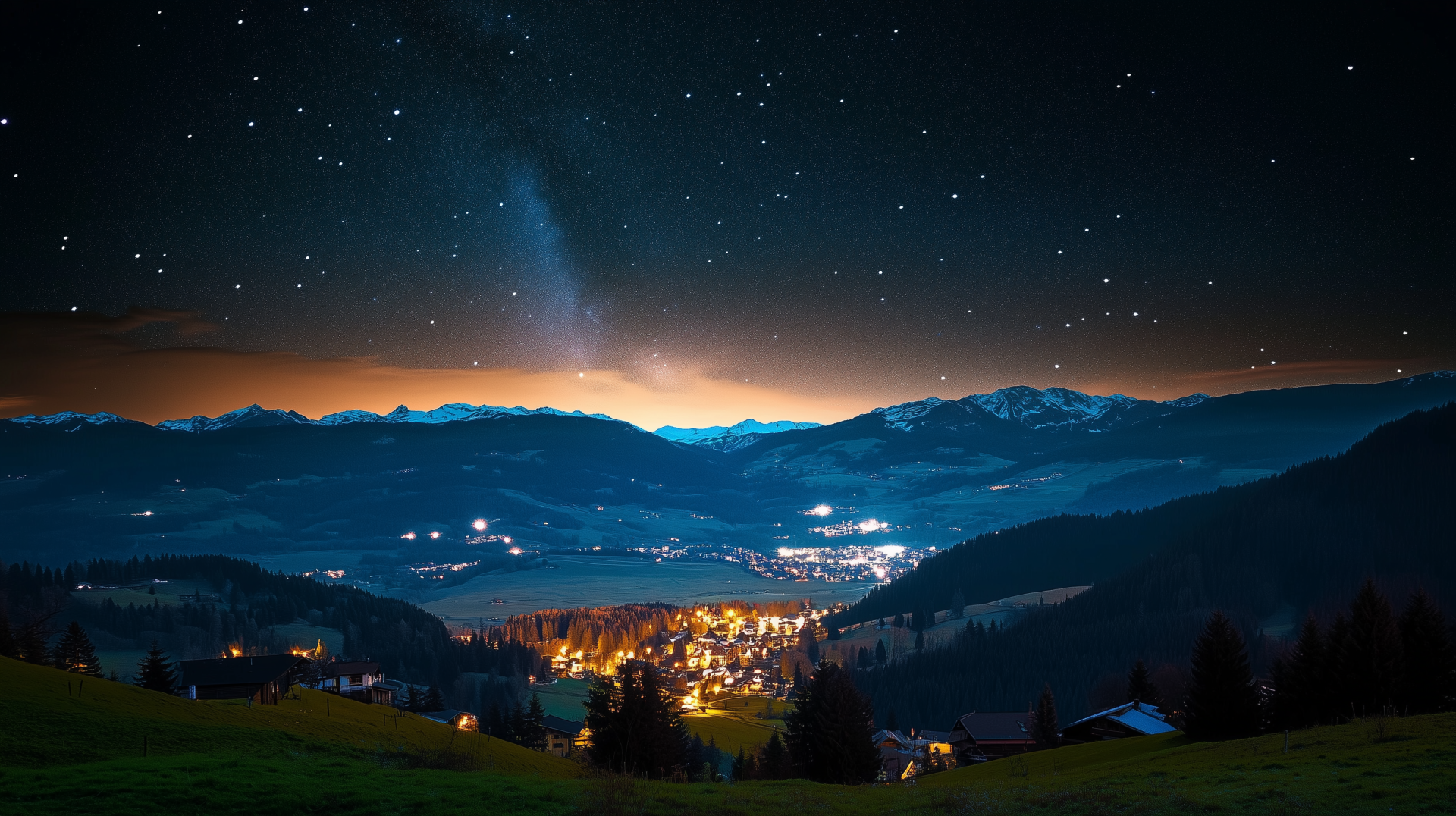 A serene night landscape featuring a town illuminated under a starry sky, with mountains silhouetted in the background, creating a tranquil and breathtaking HD desktop wallpaper.
