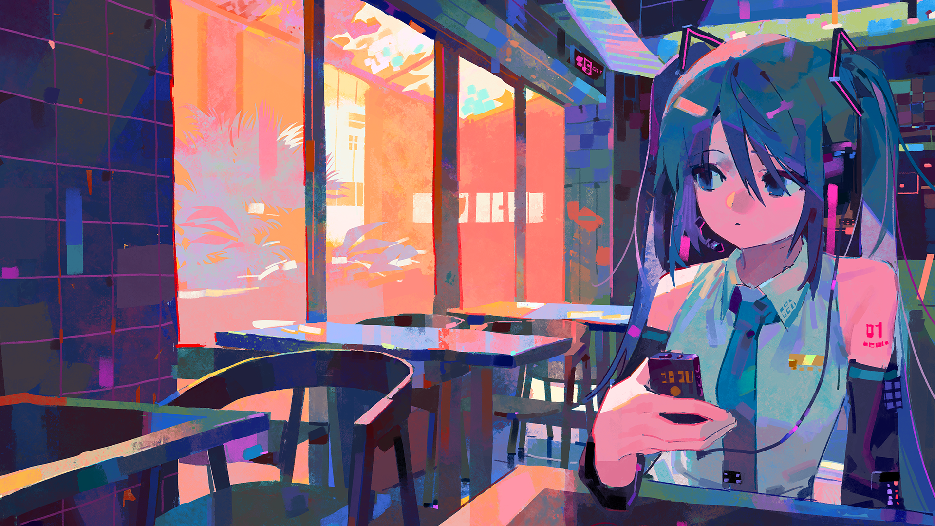 A vibrant anime-themed HD wallpaper featuring Hatsune Miku, seated in a colorful café, immersed in her phone with large windows showcasing a lively backdrop.