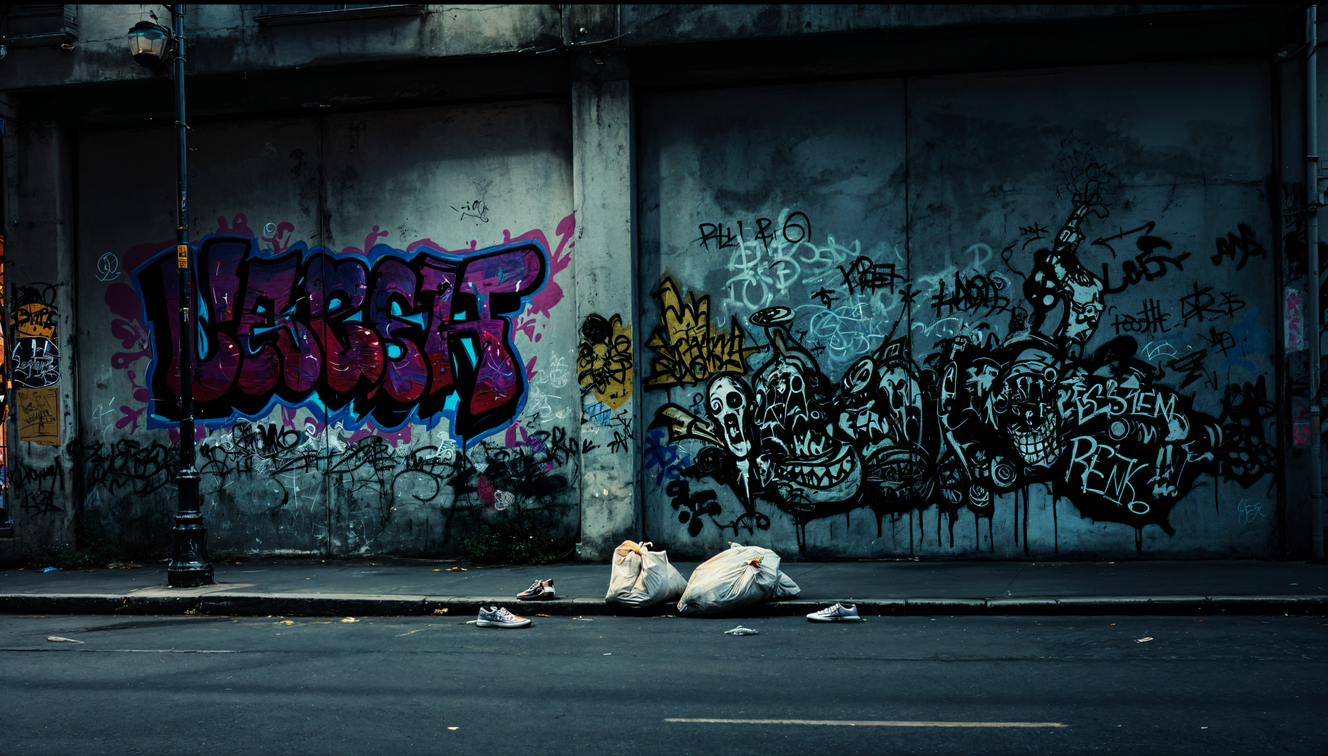 A vibrant graffiti wall features colorful tags and intricate designs, with discarded bags on the street, captured in a striking 4K Ultra HD wallpaper.