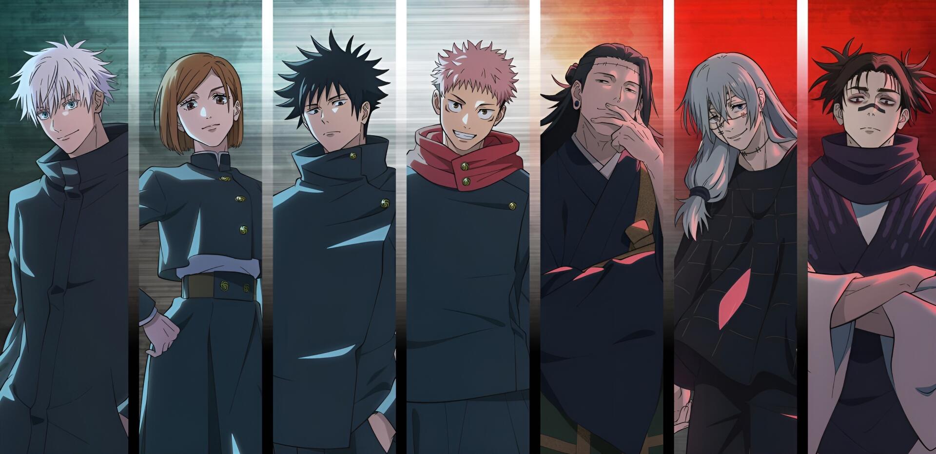HD PC desktop wallpaper featuring key characters from the anime Jujutsu Kaisen, arranged in vertical panels with distinct color backgrounds.