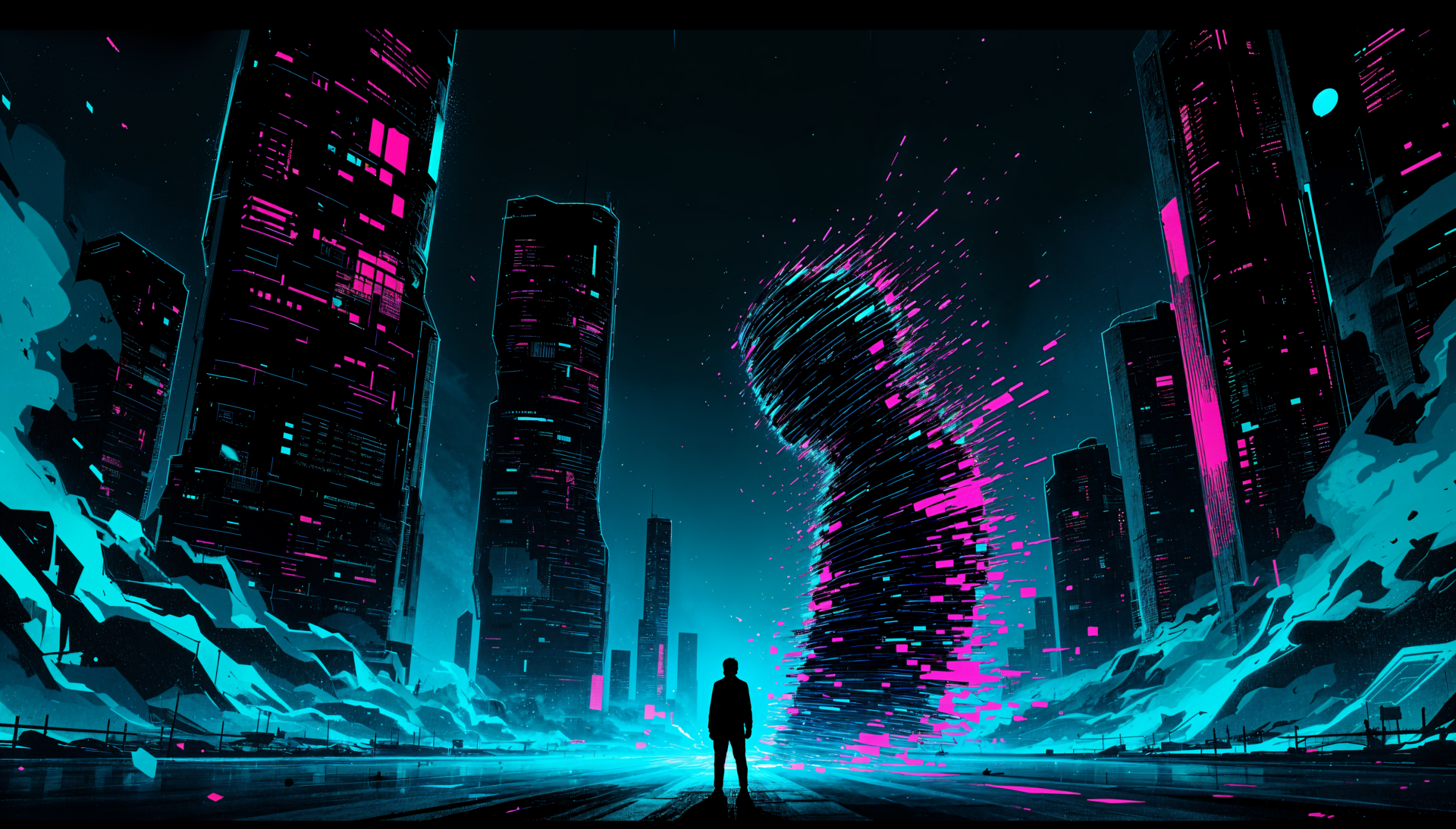A futuristic landscape featuring a silhouetted figure in front of towering, illuminated skyscrapers. Vibrant pink and blue particles swirl around, creating a dynamic, digital atmosphere. 4K Ultra HD wallpaper.