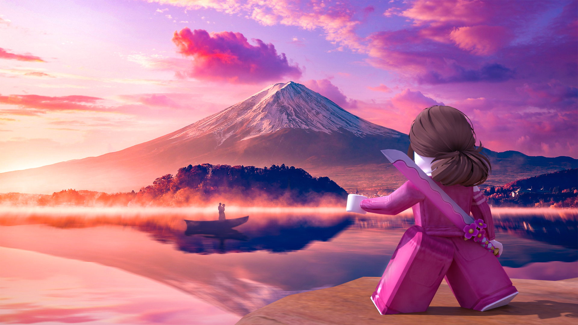 HD PC desktop wallpaper background: clean, minimalist Roblox figure in pink sits by a calm lake, holding a mug as a pastel mountain and its reflection glow at sunrise.