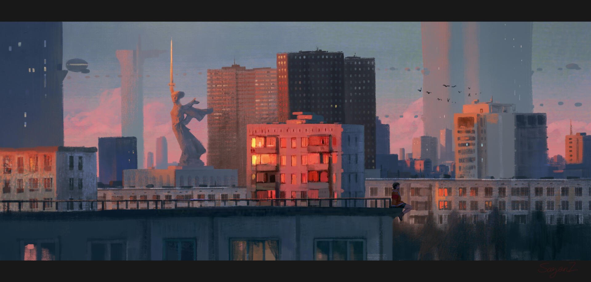 Artistic HD PC desktop wallpaper featuring a futuristic cityscape with towering buildings under a colorful sky at sunset.