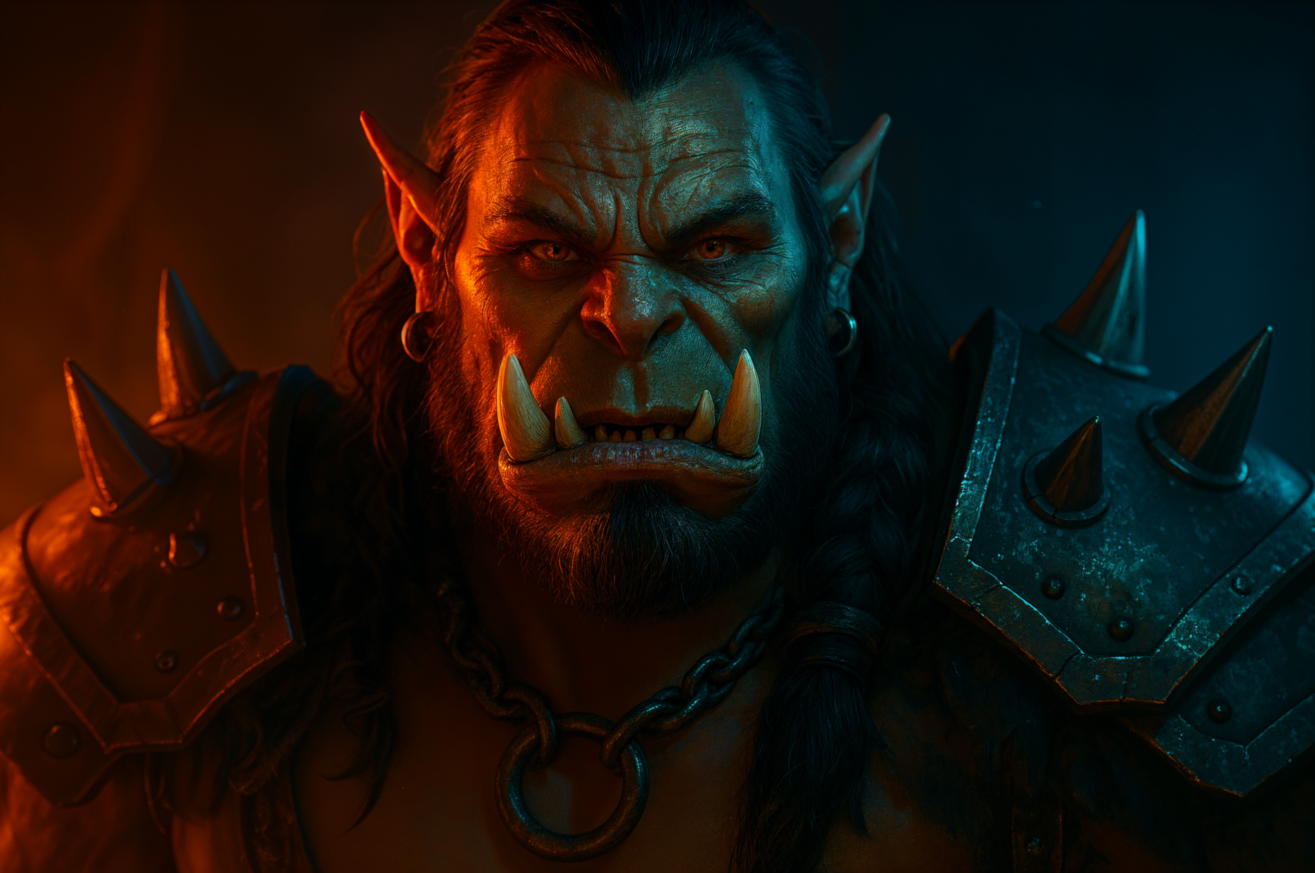 4K Ultra HD Warcraft PC wallpaper featuring a fierce orc warrior with glowing eyes, detailed armor, and tusks against a dark, moody background.