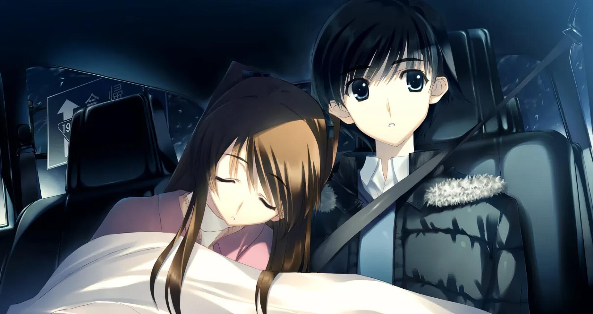 HD anime desktop wallpaper from White Album 2 featuring a young couple sitting closely together in a car, the girl resting her head on the boy’s shoulder.