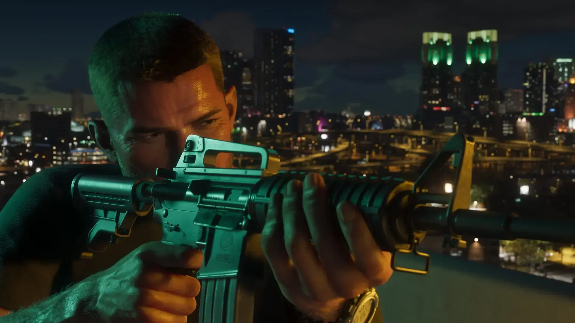 HD PC desktop wallpaper featuring a detailed scene from the video game Grand Theft Auto VI, showing a character aiming a rifle against a nighttime cityscape.
