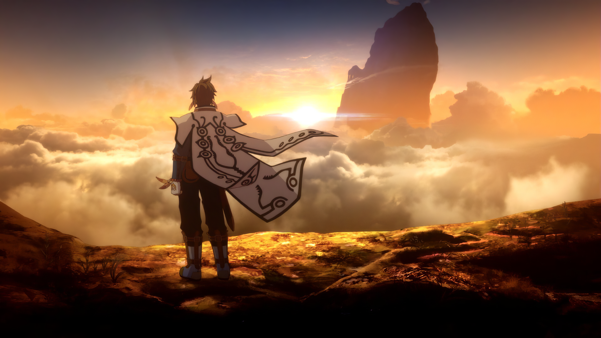 HD PC desktop wallpaper featuring a scene from the video game Tales of Zestiria, with a character overlooking a glowing cloudscape at sunset.