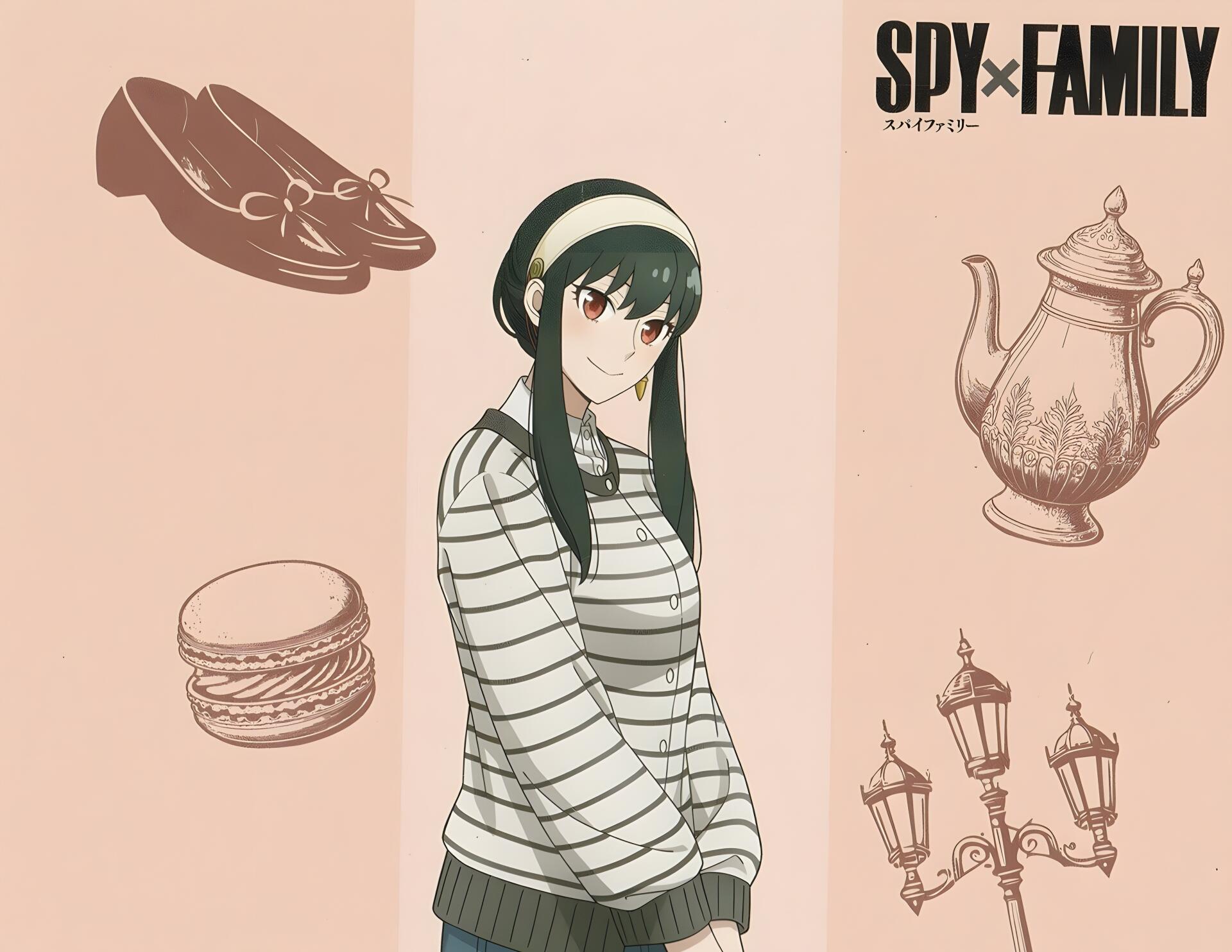Anime 4K Ultra HD PC desktop wallpaper of Yor Forger from Spy x Family: smiling in a striped sweater and headband against a pastel background with teapot, macaron, shoes and street lamps.