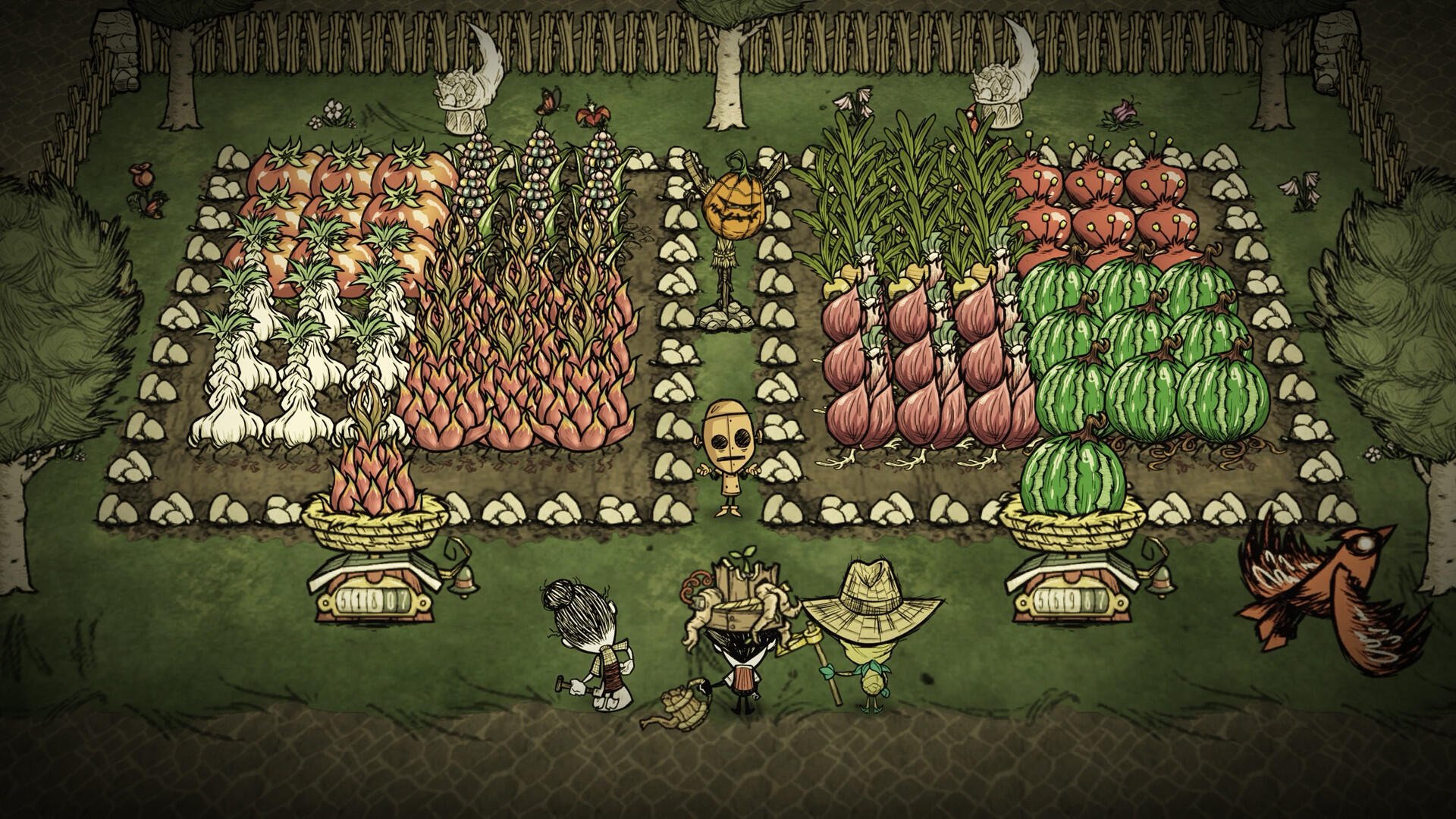 HD PC desktop wallpaper featuring a vibrant farm scene from the video game Don't Starve Together with crops and characters in a dark, stylized art style.