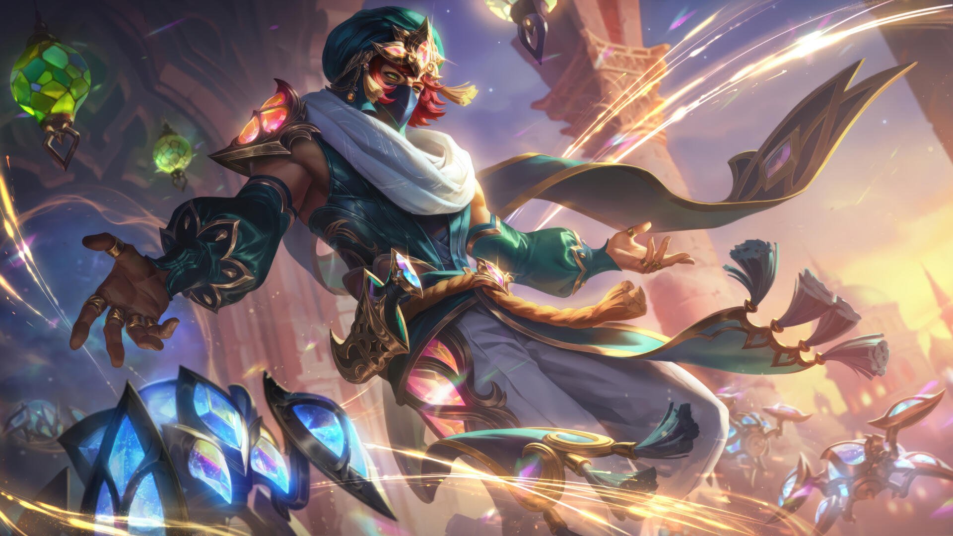 8K Ultra HD wallpaper featuring Malzahar from League of Legends in dynamic action, set against a vibrant and dramatic fantasy battlefield background.