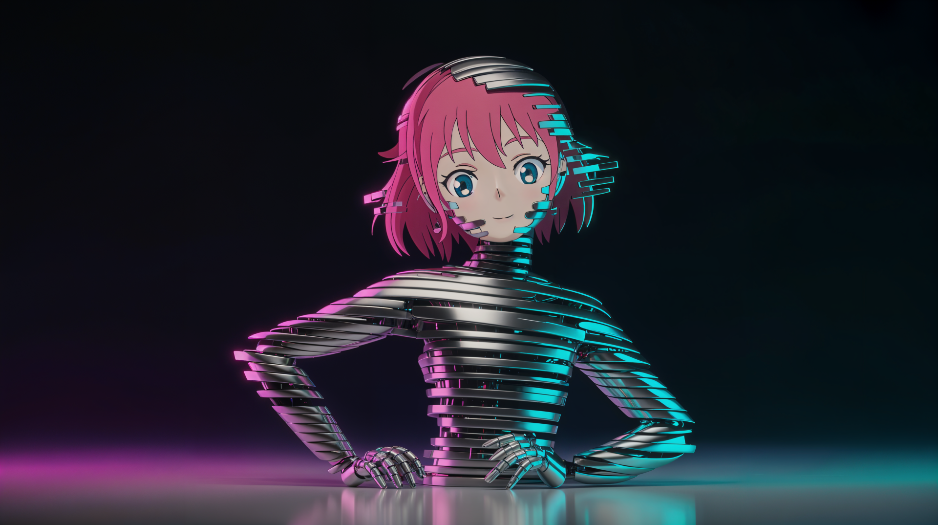 4K Ultra HD anime figure with vibrant pink hair and blue eyes, featuring a glitch effect on a dark background, showcased as a PC desktop wallpaper.