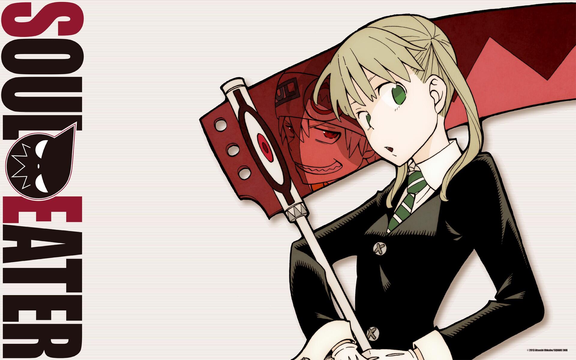 HD anime desktop wallpaper featuring Soul Evans and Maka Albarn from Soul Eater with a white background and bold red and black text.