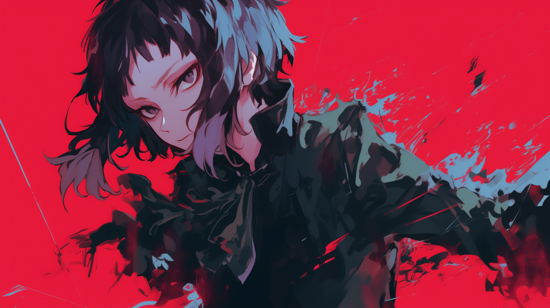 HD anime wallpaper featuring Ryūnosuke Akutagawa from Bungou Stray Dogs against a striking red background with dynamic brushstroke effects.