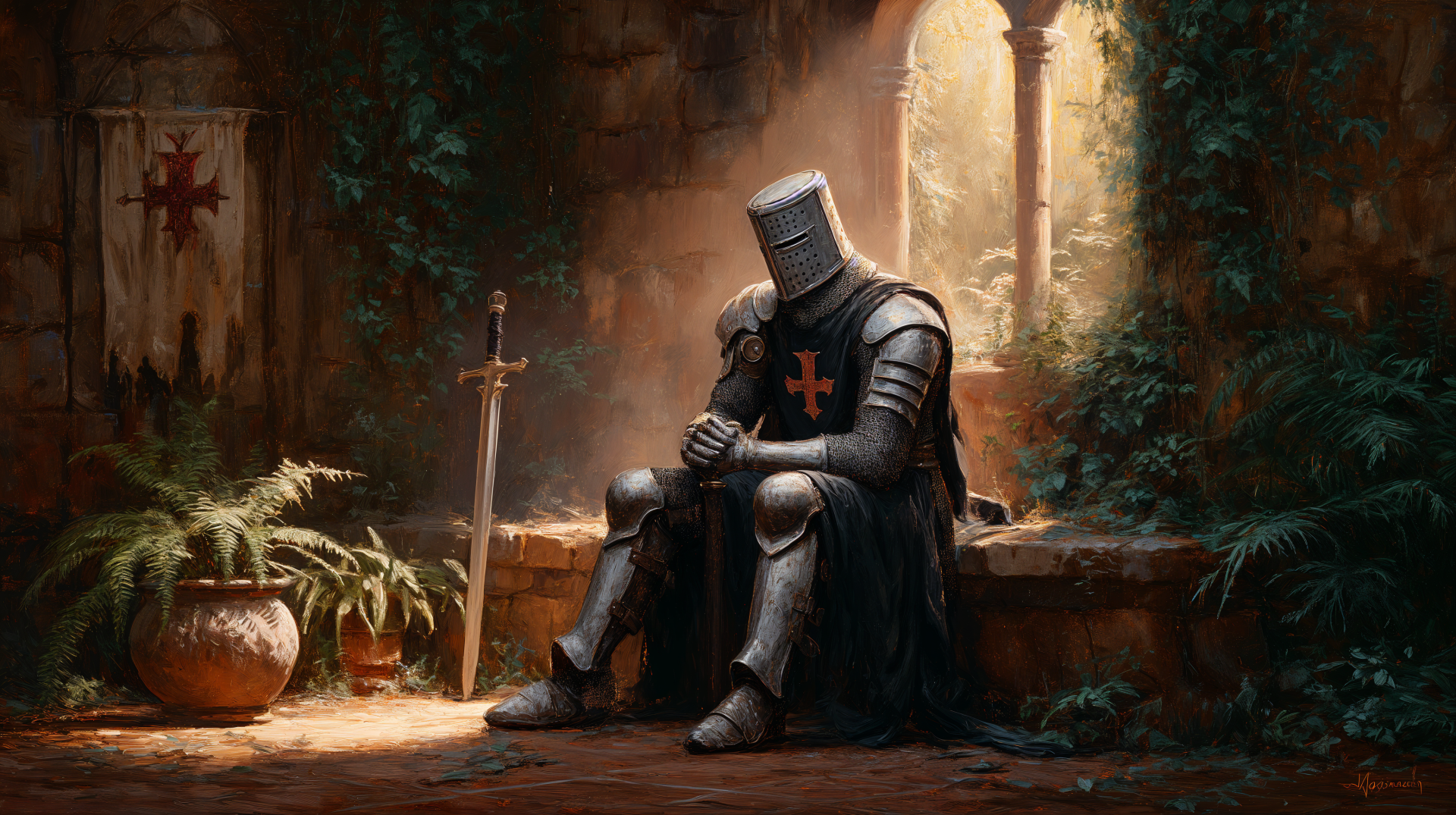 A Knight Templar in full armor, seated and resting in a dimly lit, ancient stone chamber surrounded by plants, captured in 4K Ultra HD for PC desktop wallpaper.