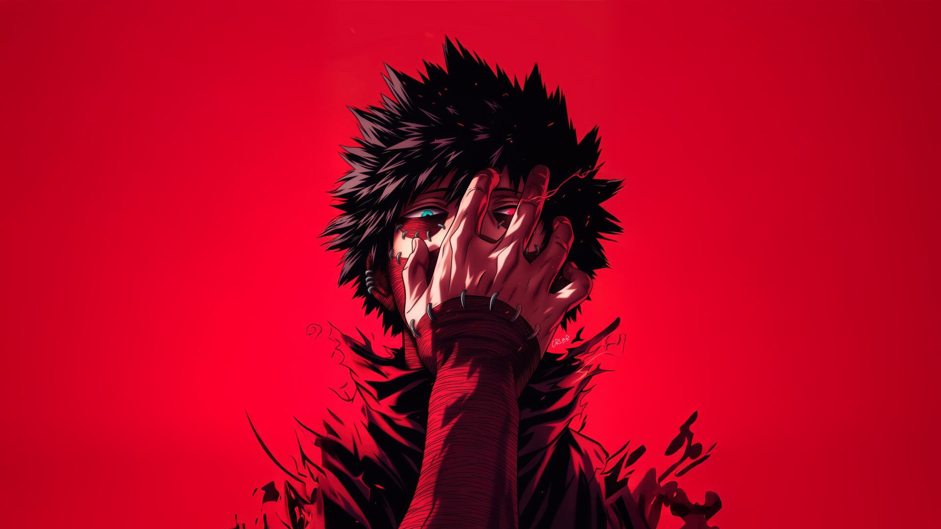 4K Ultra HD anime wallpaper featuring Dabi from My Hero Academia against a vivid red background, emphasizing his dark, intense appearance.